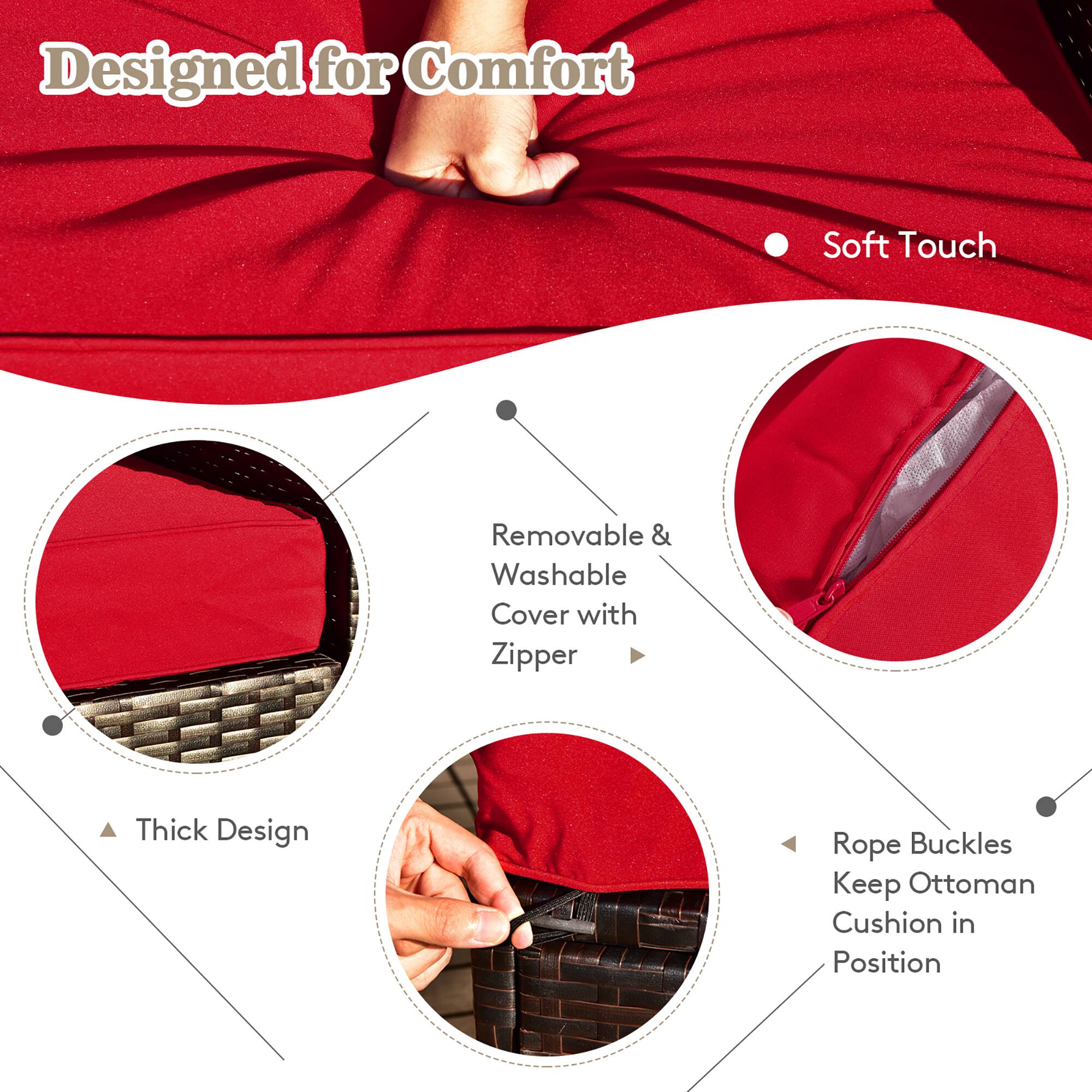 Designed for Comfort, Soft Touch, Removable & Washable Cover with Zipper, Thick Design, Rope Buckles Keep Ottoman Cushion in Position