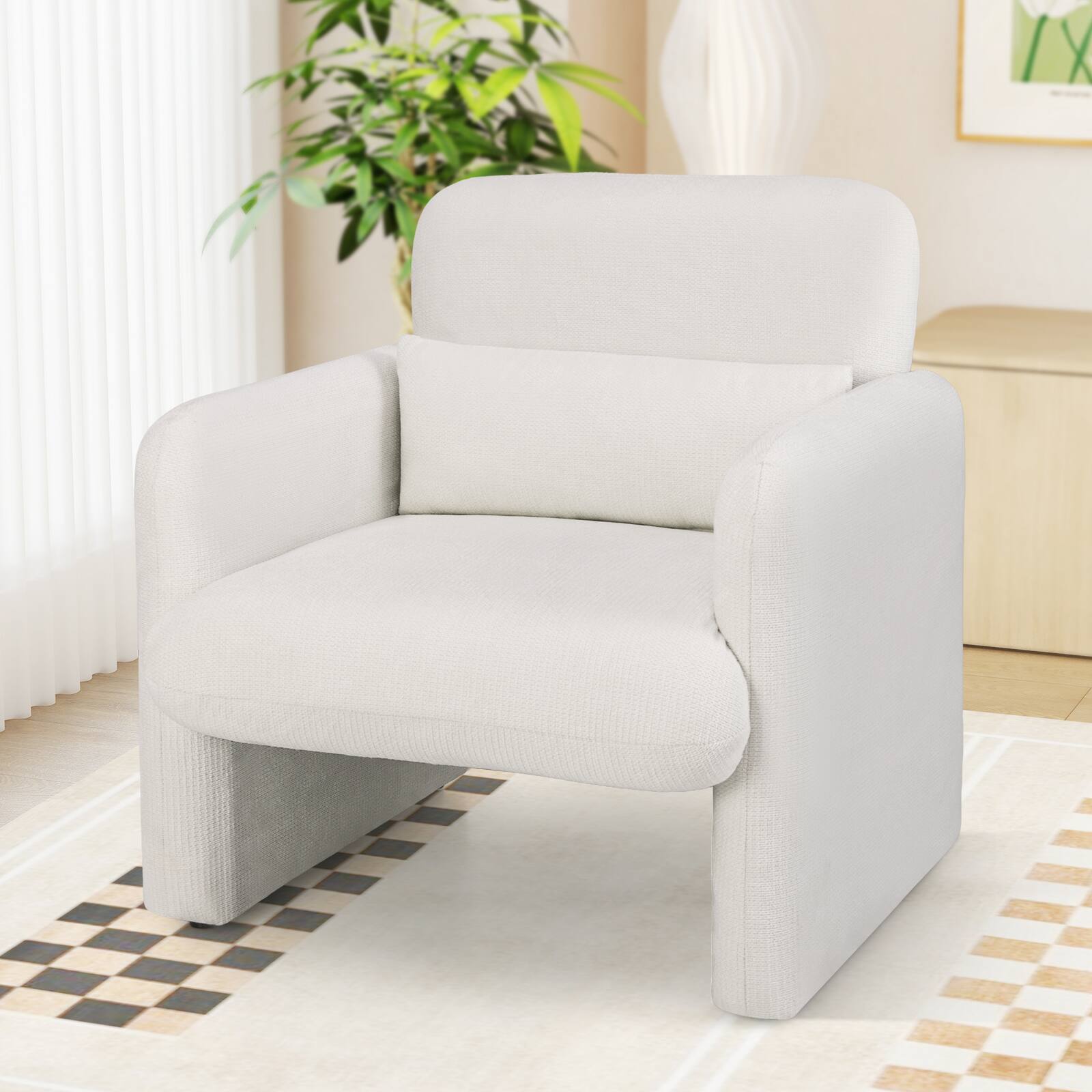 Angle. SlickBlue - Upholstered Chenille Armchair with Detachable Lumbar Cushion for Living Room - White.