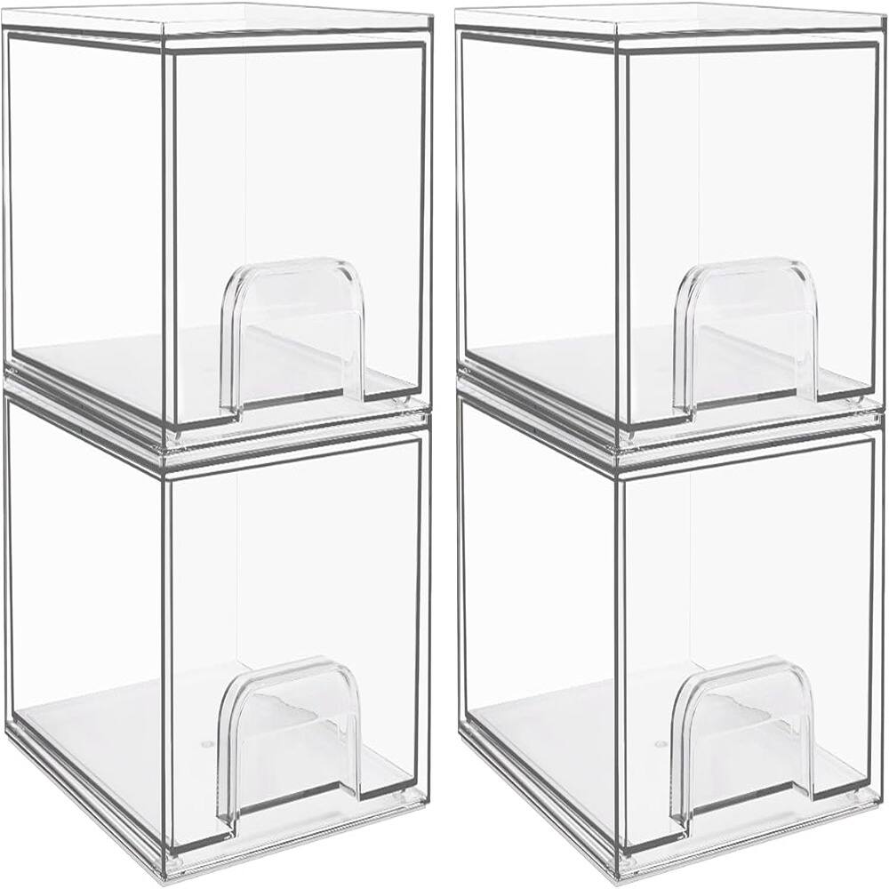 Front. RTMB - Acrylic Bathroom Makeup Organizer, 4 Pack of Clear Small Stackable Storage.