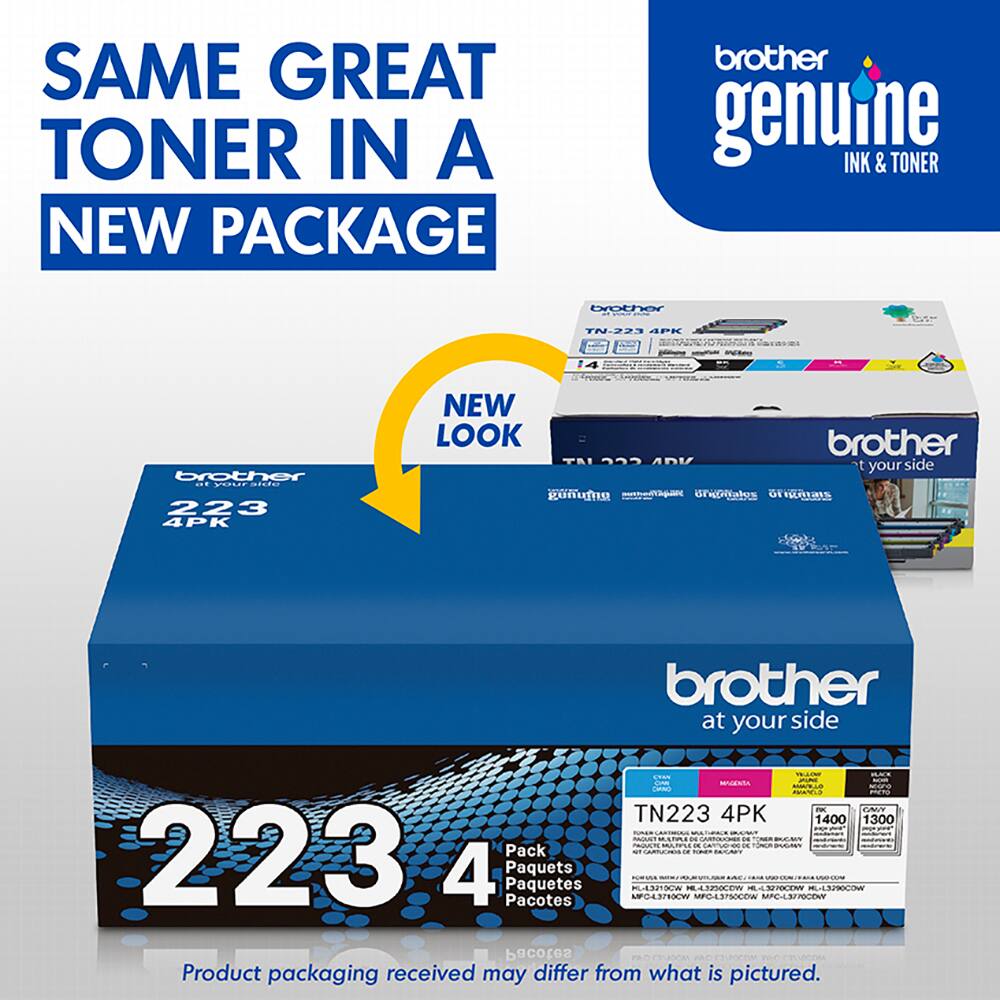 SAME GREAT TONER IN A NEW PACKAGE brother genuine INK & TONER tother FEE-WT APE IA brother ... pottraido 223 4PK NEW LOOK brother at your side - -.- .  Som MGESSA CLO sara - WANE'S aen i CNN TN223 4PK 1400 1300 - -ON MI - C iN nE BAN O . - DE ONER nnomN 223 Pack TGAM.RE CECOO 4 Paquets C- C Paquetes nAOA 1400 4981 ES Pacotes PO43710CW MPC-LSTS0COW MPC-LSFROCOW Pacotes Product packaging received may differ from what is pictured.