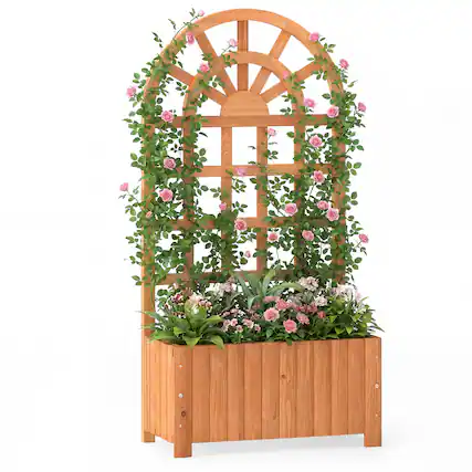 Front. Costway - Costway 48" Wooden Raised Garden Bed with Trellis, Drainage Holes for Flowers Vegetables - Brown.