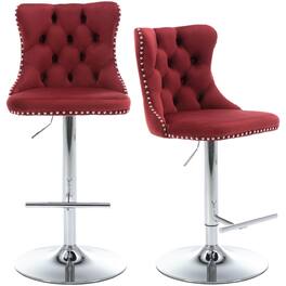 HTUTWOO - Adjustable Bar Stools Set of 2, Velvet Swivel Counter Height Chairs with Footrest, Chrome Nailhead for Kitchen, Pub - Red