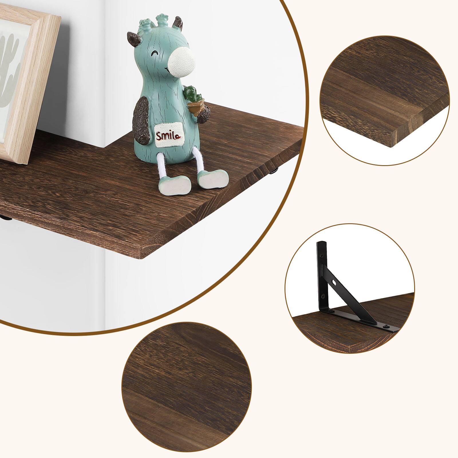 Angle. Oumilen - Set of 4 L-Shaped Burnt Wood Corner Floating Shelves with Black Brackets - Brown.