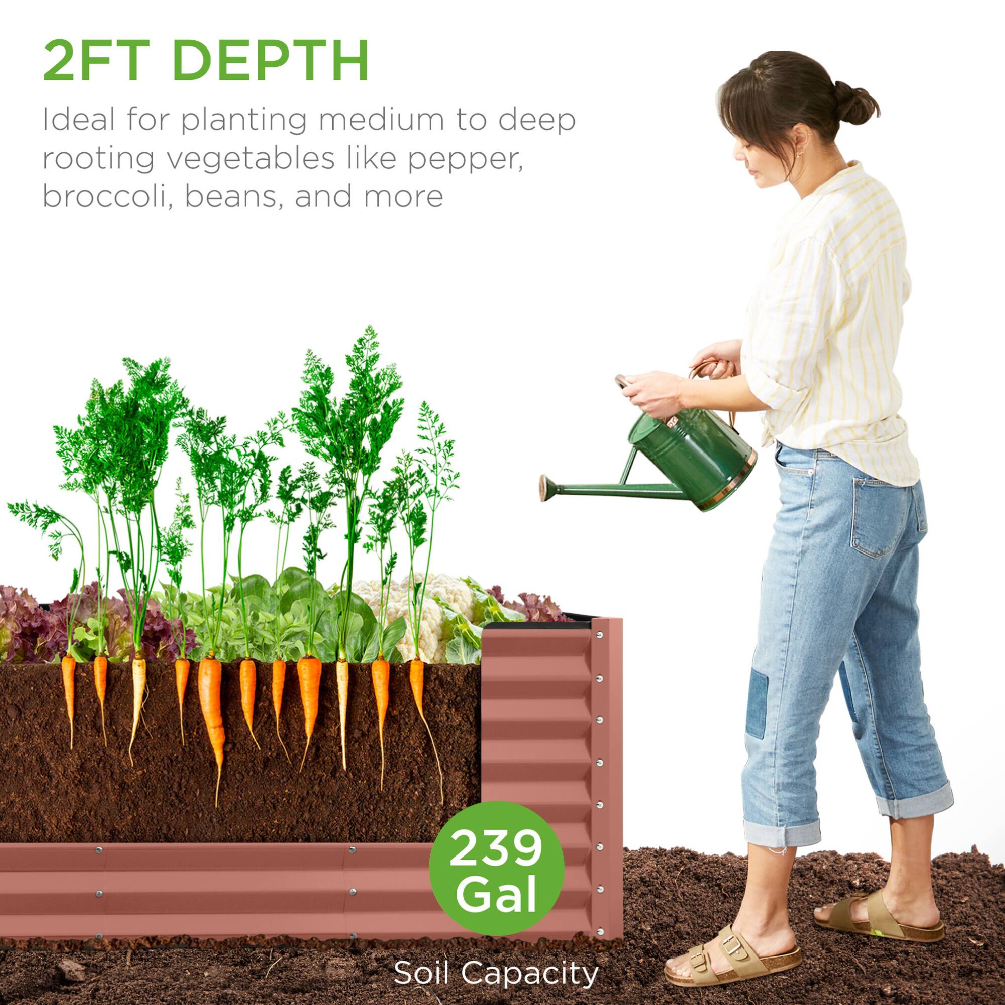 2FT DEPTH  
Ideal for planting medium to deep rooting vegetables like pepper, broccoli, beans, and more  

239 Gal  
Soil Capacity