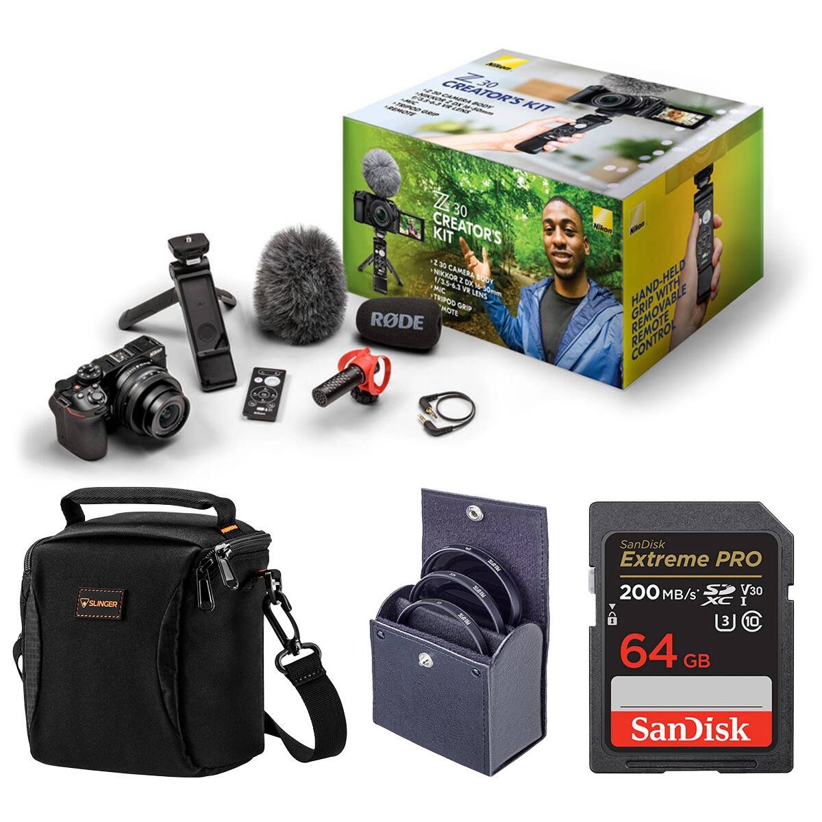 30 CREATORS - NA KIT - 22 - Z 30 CREATOR'S KIT 130 HIKKCA CAMERA 1/1063 t OK BOOY NUC VR S1 TRSPOO LENS MOTE CPP RODE Nikon - HAND-HELD REMOVABLE GRIP WITH CONTROL SanDisk Extreme PRO ALINGER SAM 200 MB/s SP V30 XC I 3 0 64 GB SanDisk