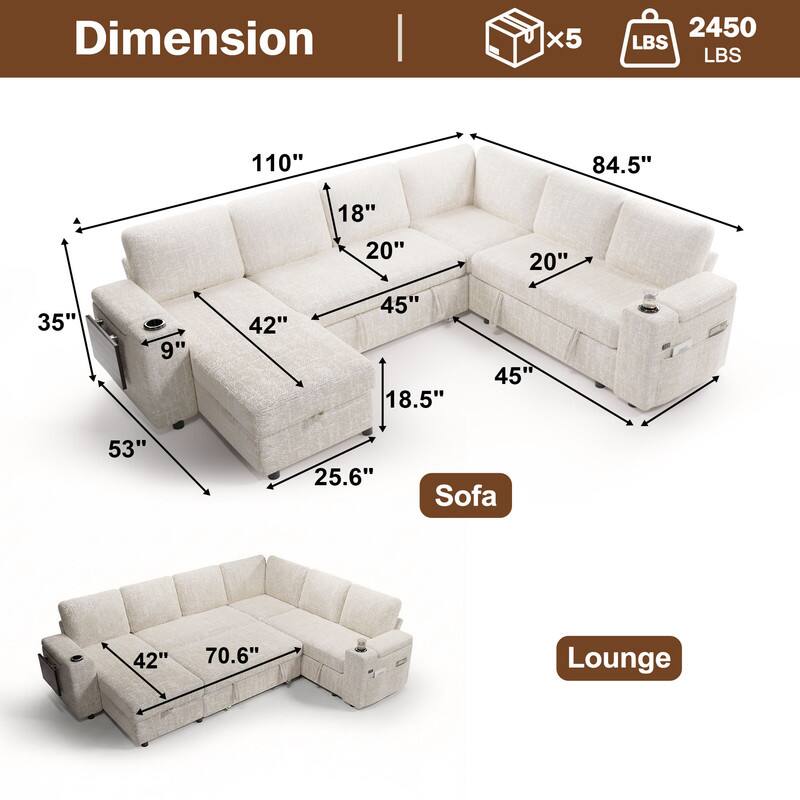 Dimension | x5 2450 LBS  
110" 84.5" 18" 20" 20" 35" 9" 42" 45" 18.5" 45" 53" 25.6"  
Sofa 42" 70.6"  
Lounge