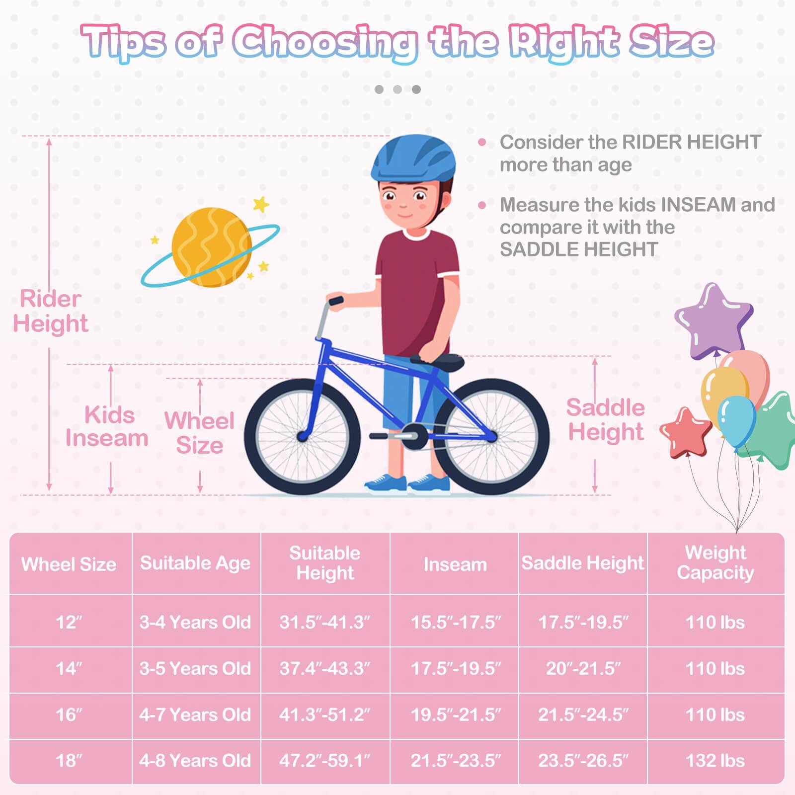 Tips of Choosing the Right Size

- Consider the RIDER HEIGHT more than age
- Measure the kids INSEAM and compare it with the SADDLE HEIGHT

| Wheel Size | Suitable Age | Suitable Height | Inseam | Saddle Height | Weight Capacity |
|------------|--------------|----------------|--------|---------------|----------------|
| 12"        | 3-4 Years Old | 31.5"-41.3"     | 15.5"-17.5" | 17.5"-19.5"    | 110 lbs        |
| 14"        | 3-5 Years Old | 37.4"-43.3"     | 17.5"-19.5" | 20"-21.5"      | 110 lbs        |
| 16"        | 4-7 Years Old | 41.3"-51.2"     | 19.5"-21.5" | 21.5"-24.5"    | 110 lbs        |
| 18"        | 4-8 Years Old