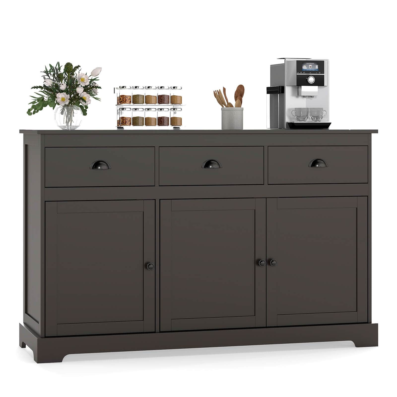Costway - 53.5" Storage Cabinet with 3 Drawers 2 Adjustable Shelves Buffet Sideboard - Brown