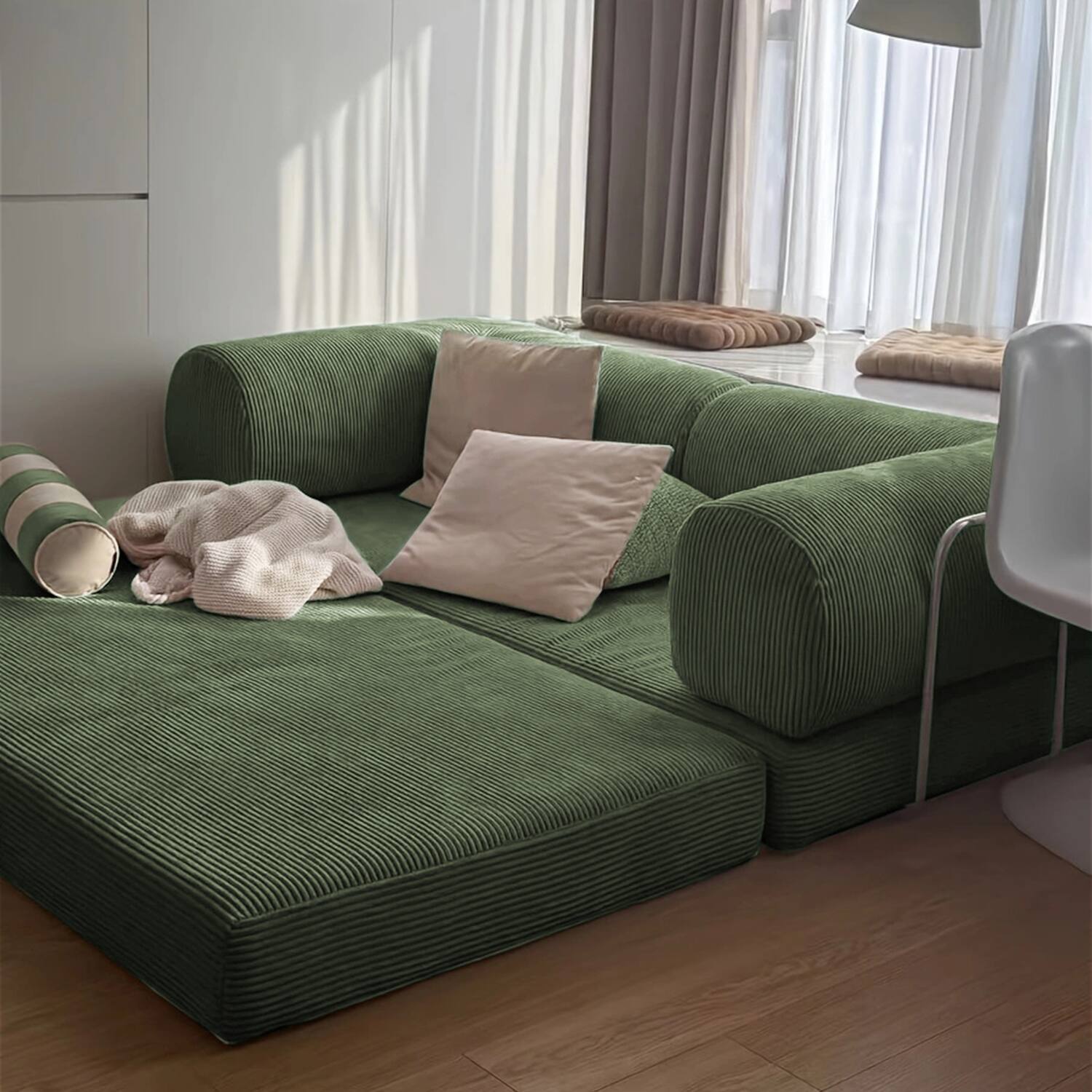 KERDOM - 78 Inch W Sectional Modular Sofa, 3-4 Person Corduroy Sofa Bed Foldable, High Rebound Density Sponge Sofa, Block Couch - Olive Green