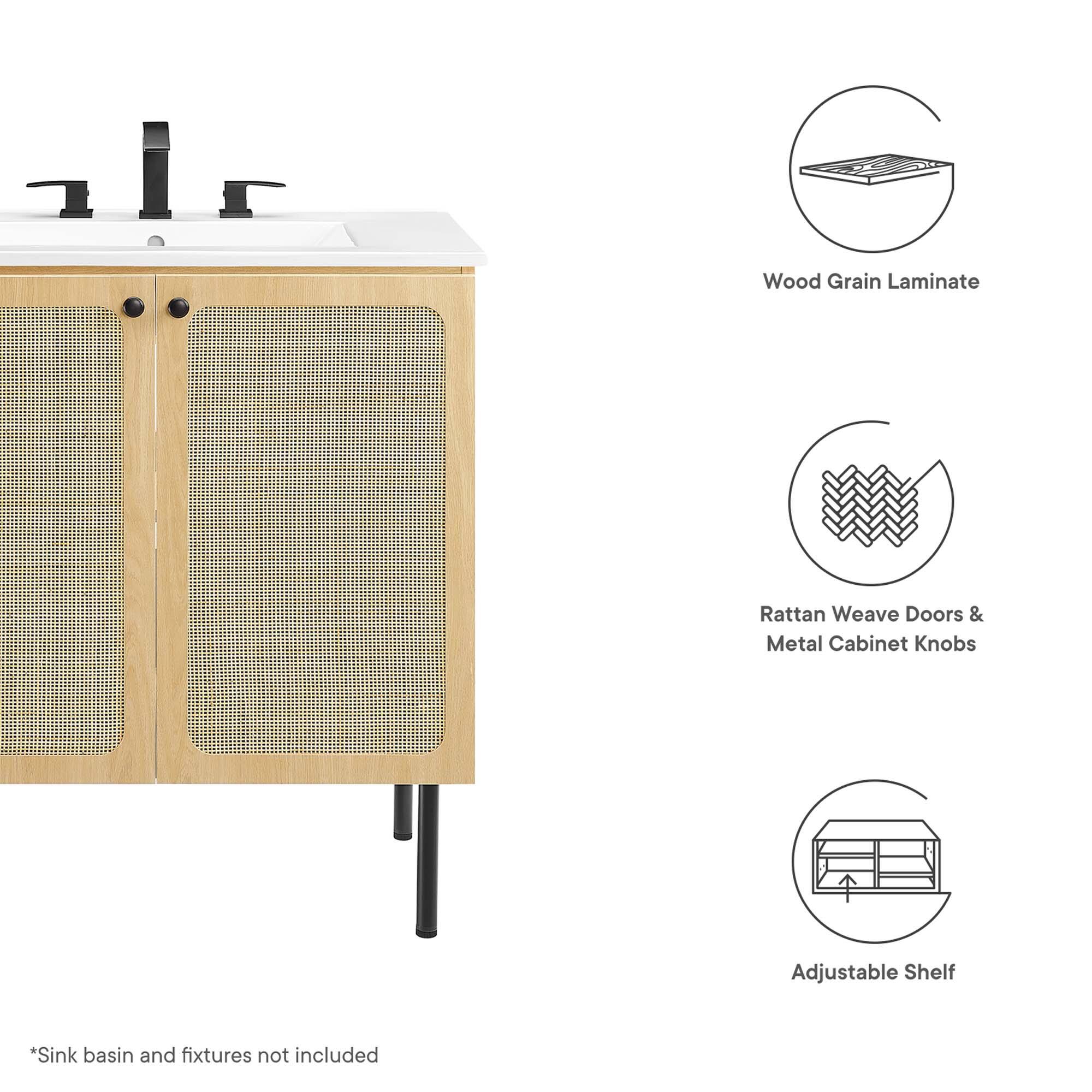 Wood Grain Laminate Rattan Weave Doors & Metal Cabinet Knobs Adjustable Shelf  
*Sink basin and fixtures not included