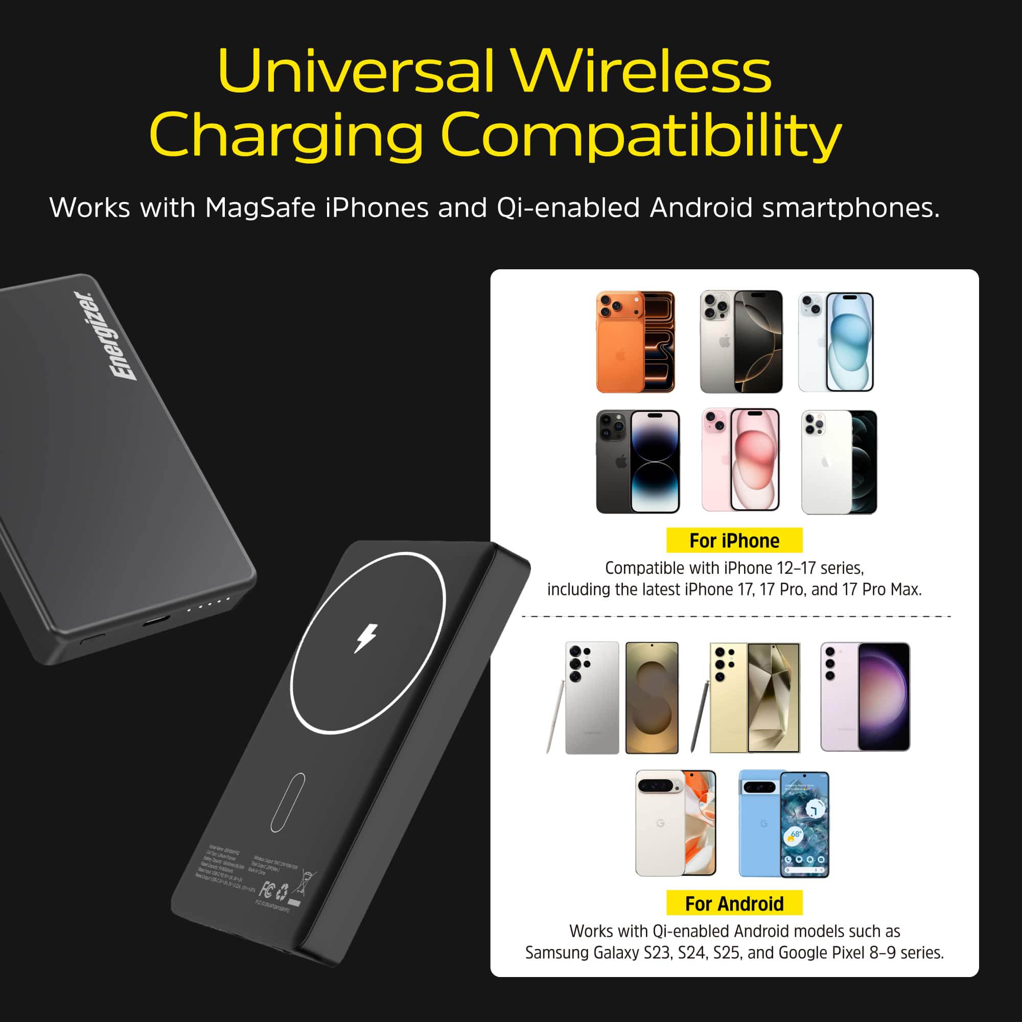 Universal Wireless Charging Compatibility
Works with MagSafe iPhones and Qi-enabled Android smartphones.
For iPhone
Compatible with iPhone 12-17 series, including the latest iPhone 17, 17 Pro, and 17 Pro Max.
For Android
Works with Qi-enabled Android models such as Samsung Galaxy S23, S24, S25, and Google Pixel 8-9 series.