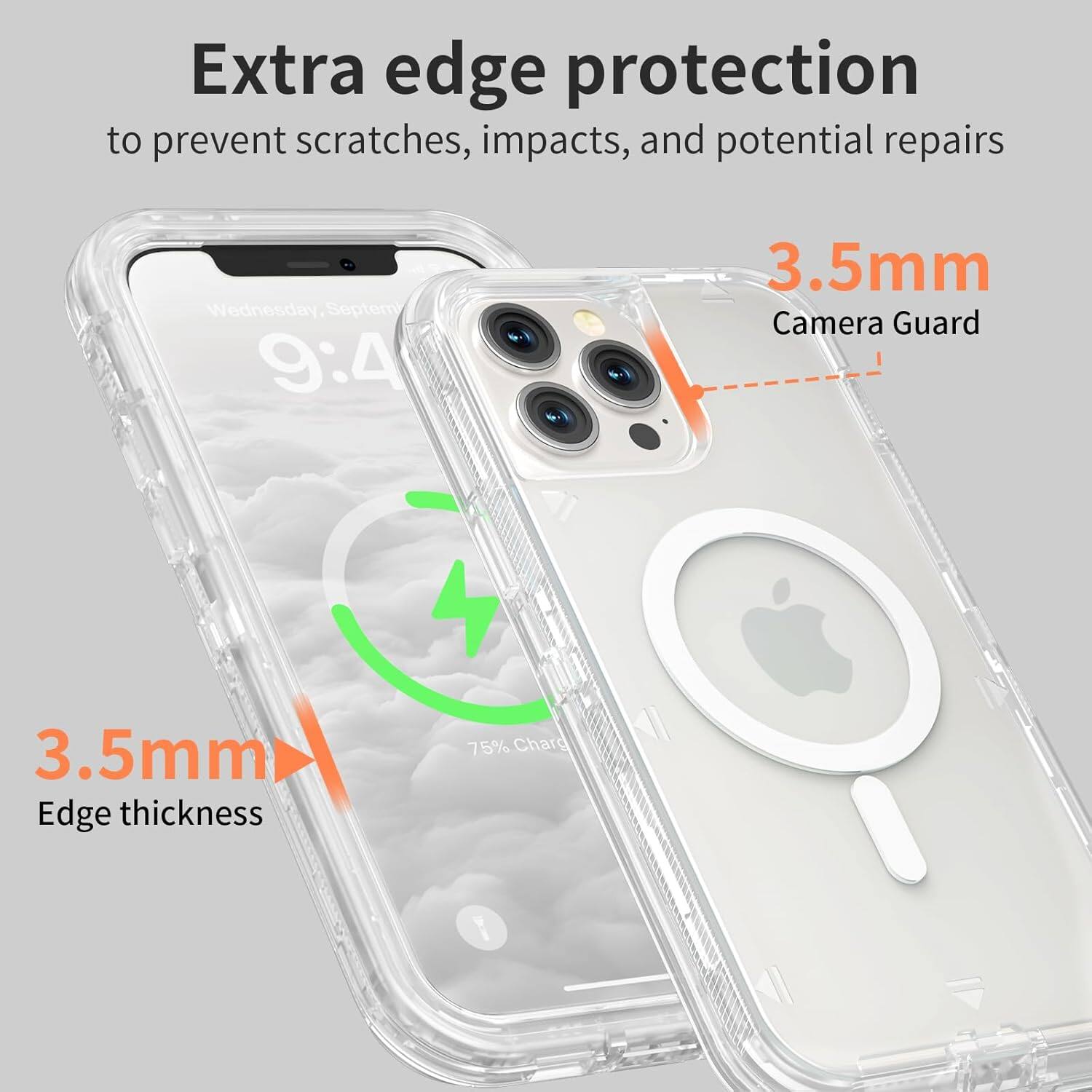 Extra edge protection to prevent scratches, impacts, and potential repairs. 3.5mm Camera Guard, 3.5mm Edge thickness. 75% Chard. 1.