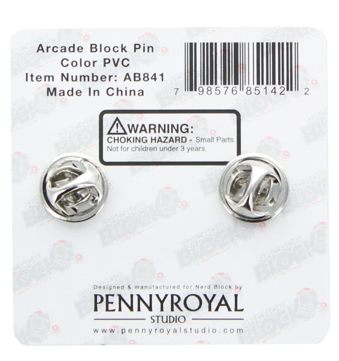 Arcade Block Pin  
Color PVC  
Item Number: AB841  
Made In China  

WARNING: CHOKING HAZARD - Small Parts. Not for children under 3 years.  

Designed & manufactured for Nerd Block by Pennyroyal Studio  
www.pennyroyalstudio.com  

Barcode: 9857685142