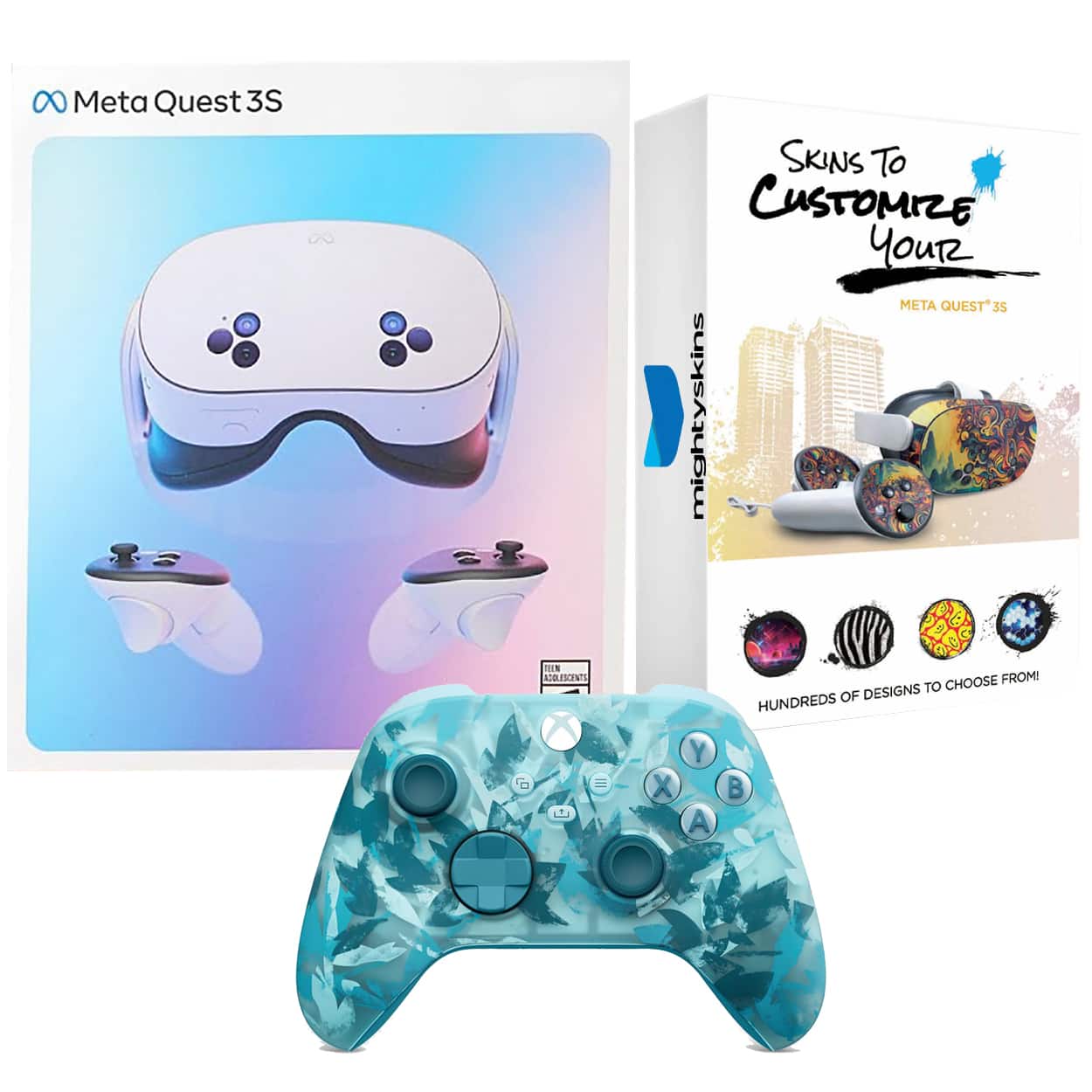 Meta - Quest 3S 128GB Virtual Reality VR Headset with Ice Break Xbox Controller and MightySkins Custom Skin Code Bundle - White