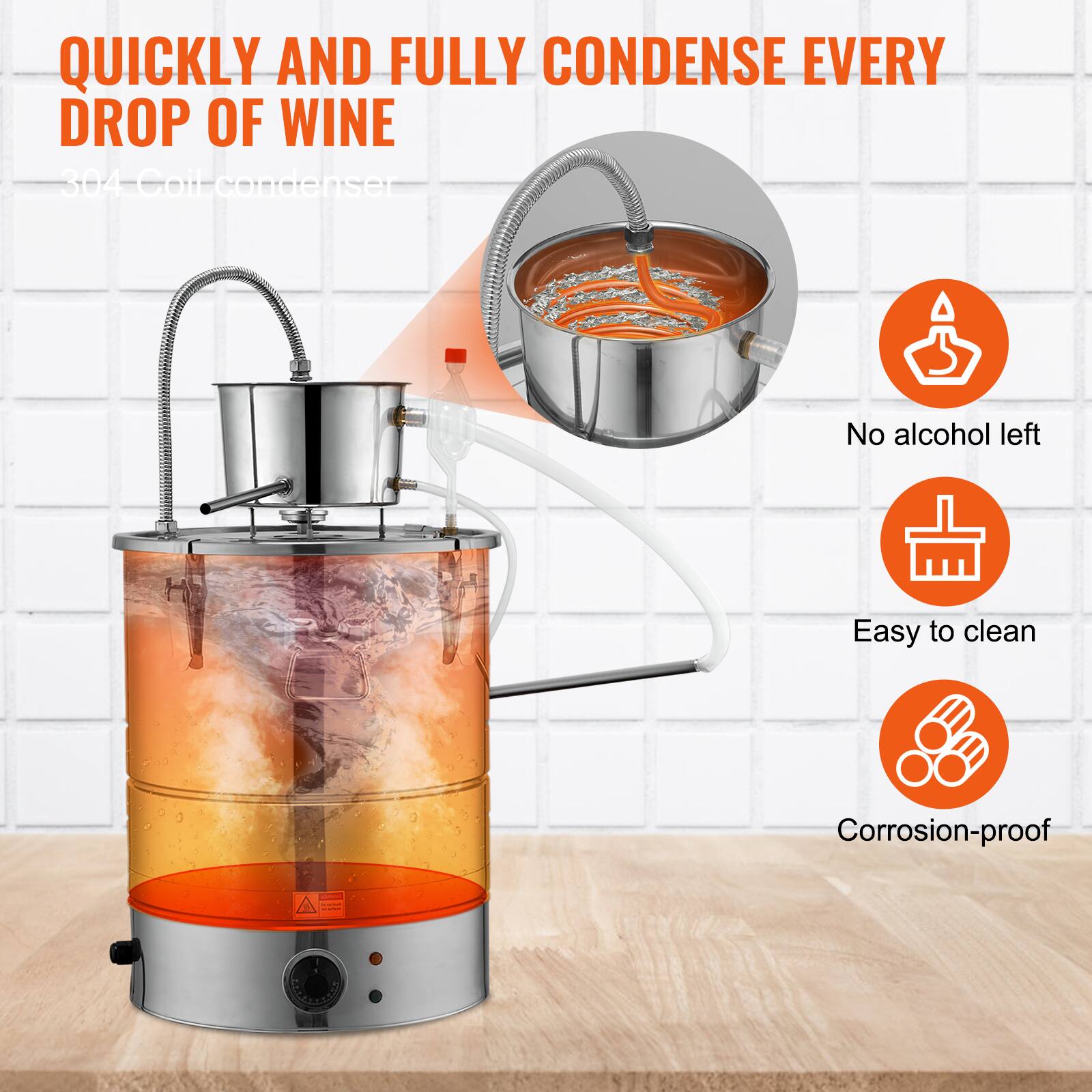 QUICKLY AND FULLY CONDENSE EVERY DROP OF WINE  
304 Coil condenser  

- No alcohol left  
- Easy to clean  
- Corrosion-proof  
- 100ml
