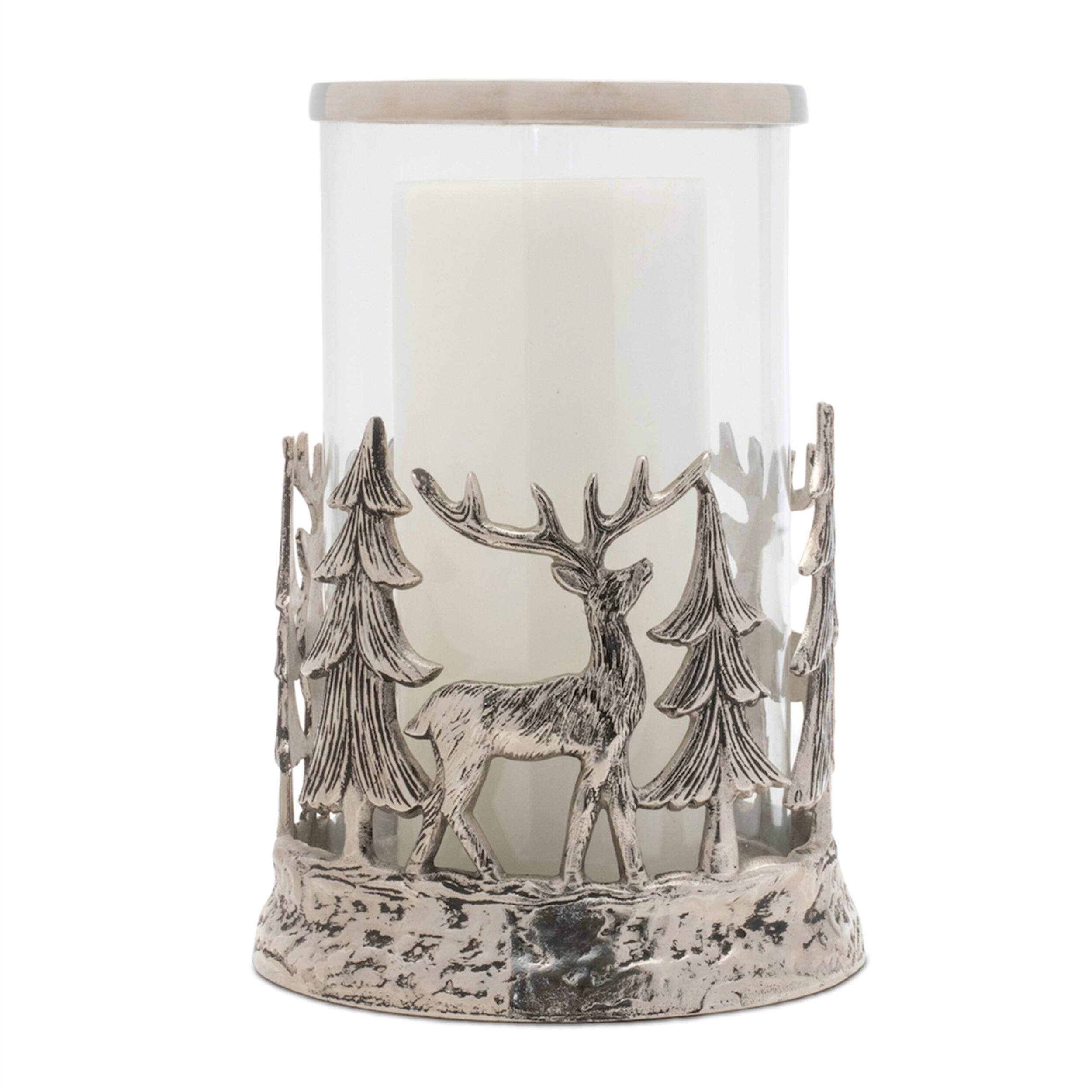 Back. BreeBe - Etched Metal Woodland Candle Holder 8"D - Silver.
