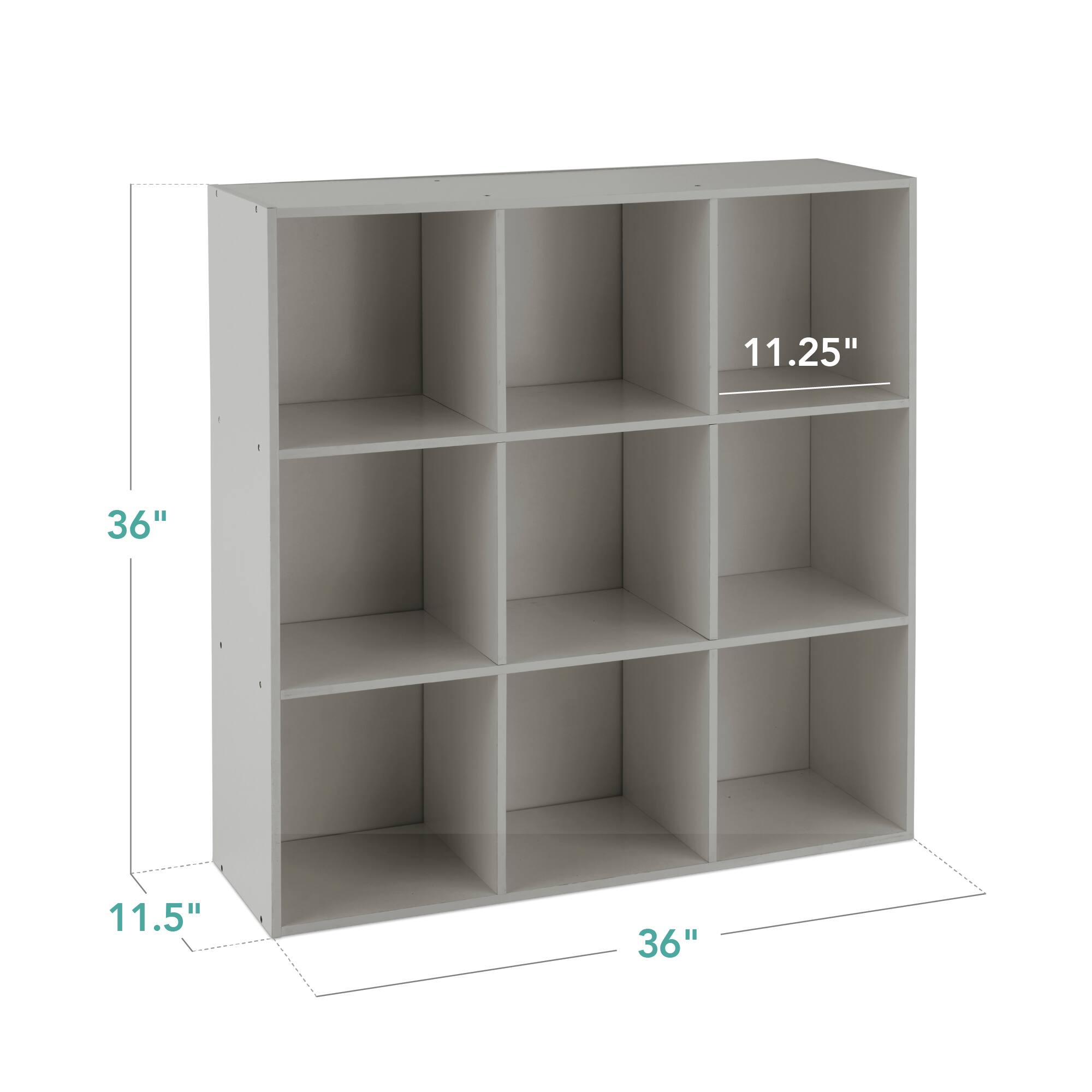 The dimensions of the shelf are:

- Height: 36"
- Width: 36"
- Depth: 11.5"