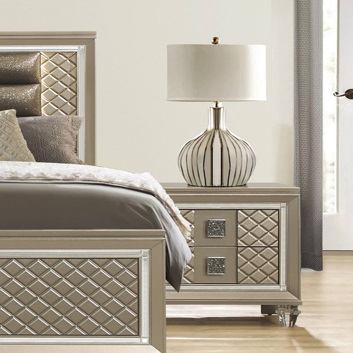Alt View 1. Loheer - Loheer Champagne Nightstand with Two Drawers, Beveled Mirror Trim and Acrylic Feet - Champagne.