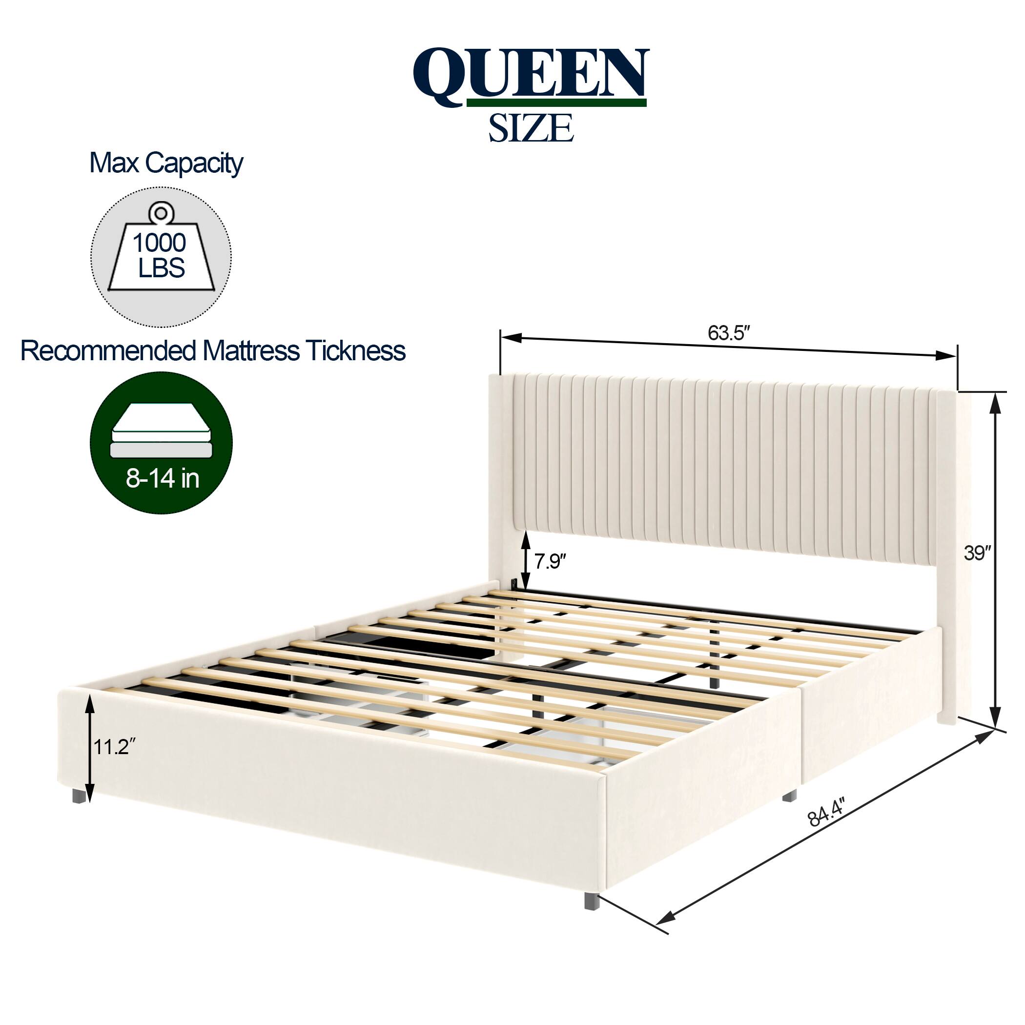 Max Capacity: 1000 LBS  
Recommended Mattress Thickness: 8-14 in  

Dimensions:  
- Width: 63.5"  
- Height: 7.9"  
- Depth: 39"  
- Overall Length: 84.4"  
- Height of Frame: 11.2"