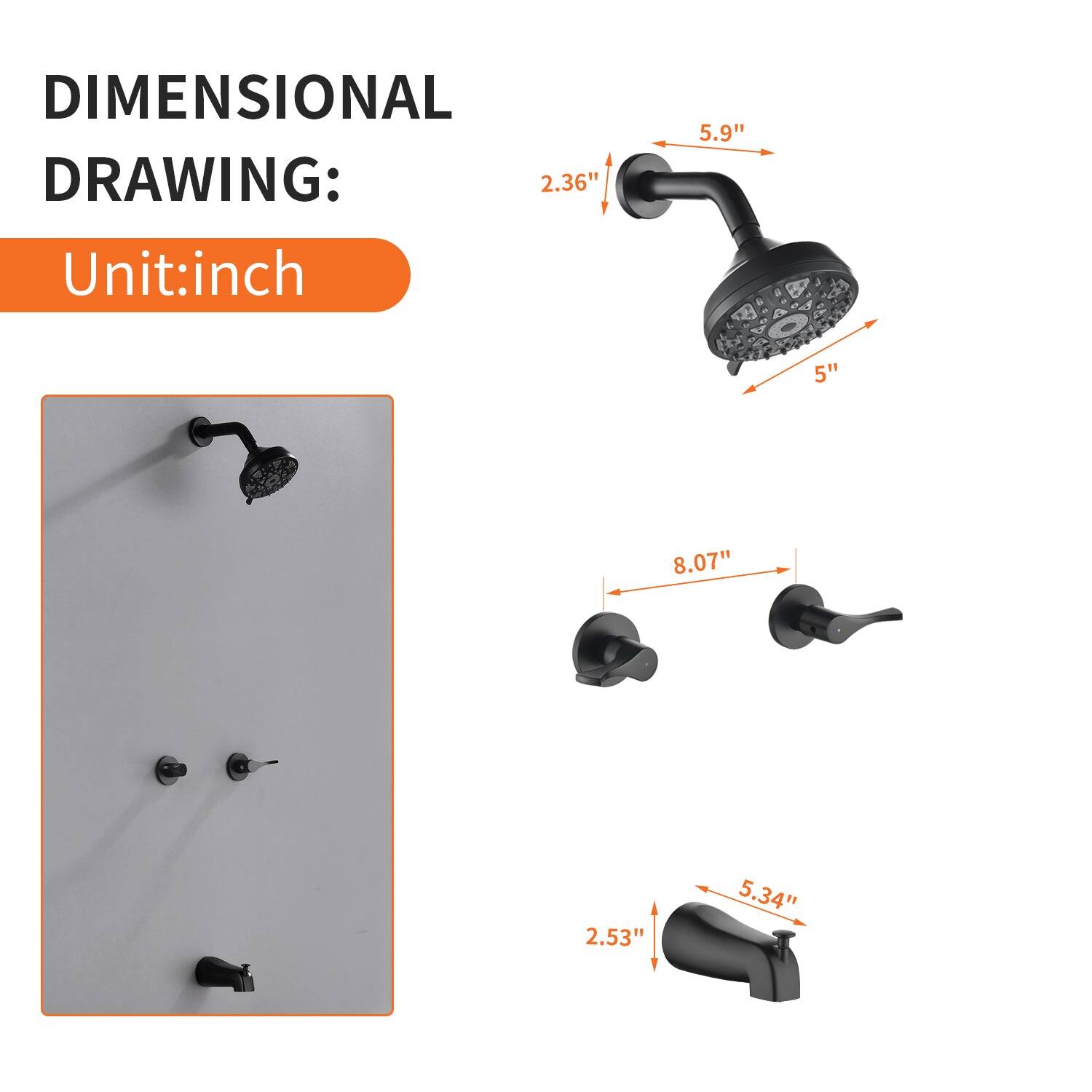 DIMENSIONAL DRAWING:  
Unit: inch  

- 2.36"  
- 5.9"  
- 5"  
- 8.07"  
- 2.53"  
- 5.34"