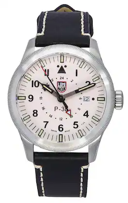 Luminox - Air Pilot P-38 Lightning GMT Black Leather Strap White Dial Swiss Quartz XA.9527 100M Men's Watch - Silver and black