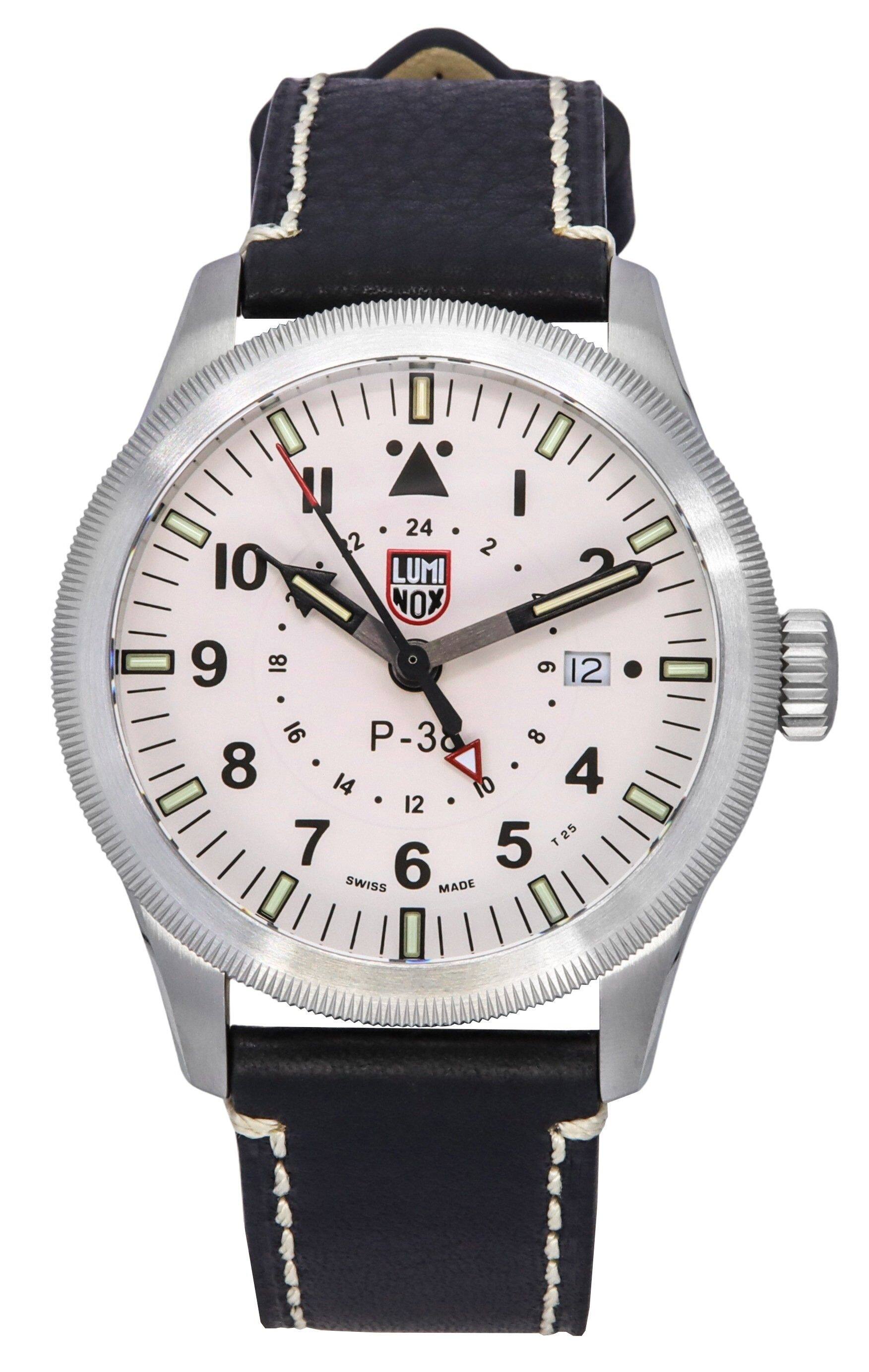 Luminox - Air Pilot P-38 Lightning GMT Black Leather Strap White Dial Swiss Quartz XA.9527 100M Men's Watch - Silver and black