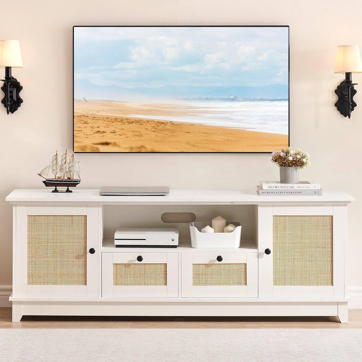 Acekool - Rattan TV Stand, Boho Entertainment Center for 65 Inch TV, TV Console with 2 Cabinets Modern TV Stand - White