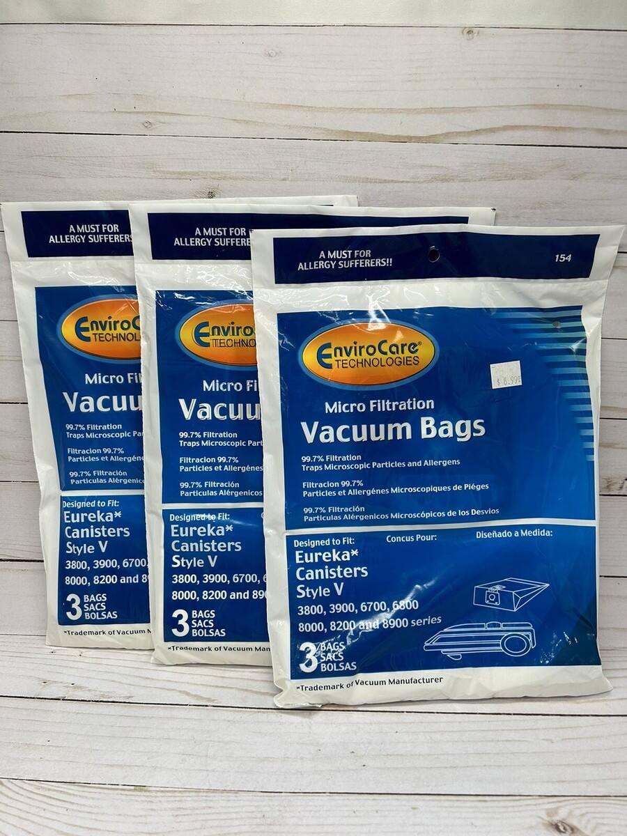 A MUST FOR ALLERGY SUFFERERS!!  
154 EnviroCare TECHNOLOGIES Micro Filtration Vacuum Bags  
99.7% Filtration Traps Microscopic Particles and Allergens  
Designed to Fit: Eureka* Canisters Style V 3800, 3900, 6700, 8000, 8200 and 8900 series  
3 BAGS  
$6.99