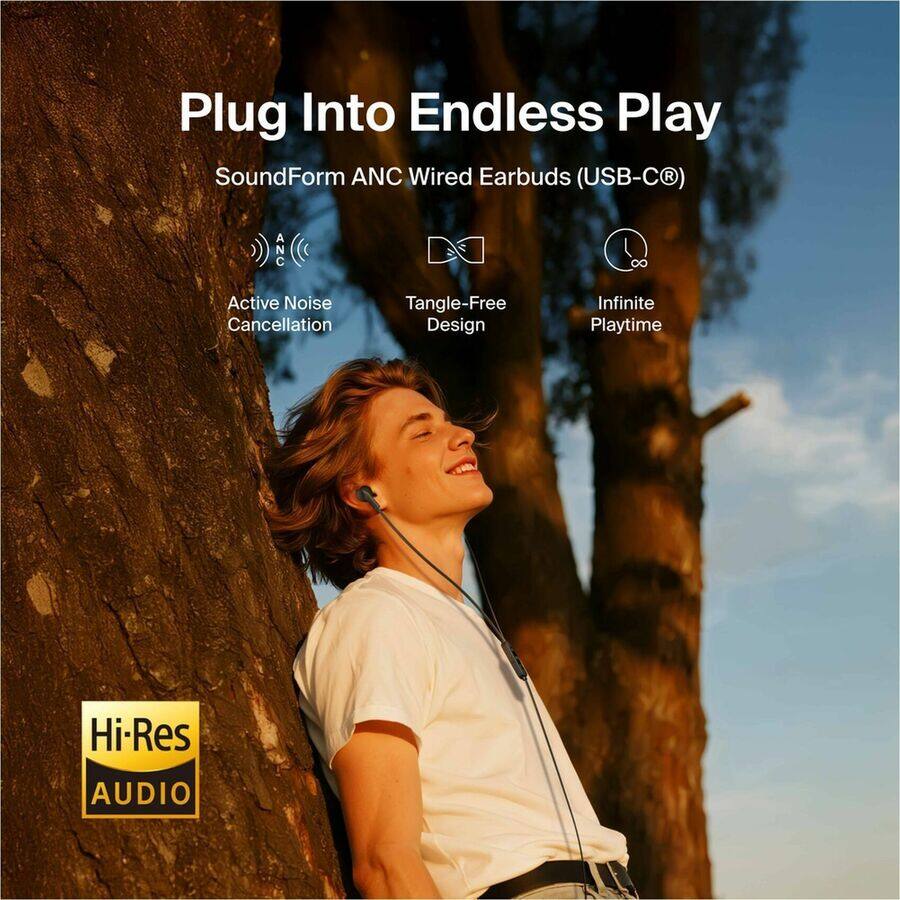 Plug Into Endless Play  
SoundForm ANC Wired Earbuds (USB-C®)  
Active Noise Cancellation  
Tangle-Free Design  
Infinite Playtime  
Hi-Res AUDIO