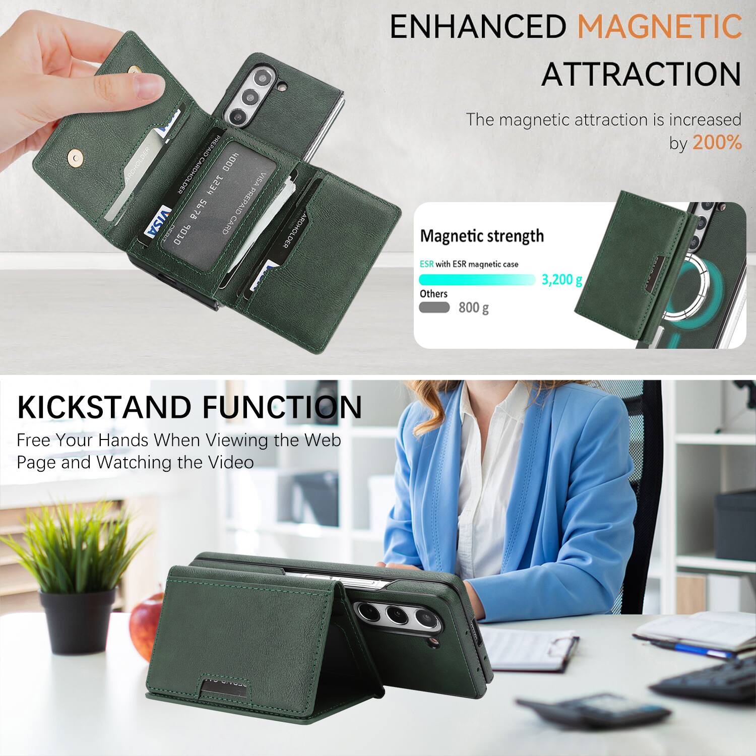 ENHANCED MAGNETIC ATTRACTION

The magnetic attraction is increased by 200%

Magnetic strength
- ESR with ESR magnetic case: 3,200 g
- Others: 800 g

KICKSTAND FUNCTION

Free Your Hands When Viewing the Web Page and Watching the Video