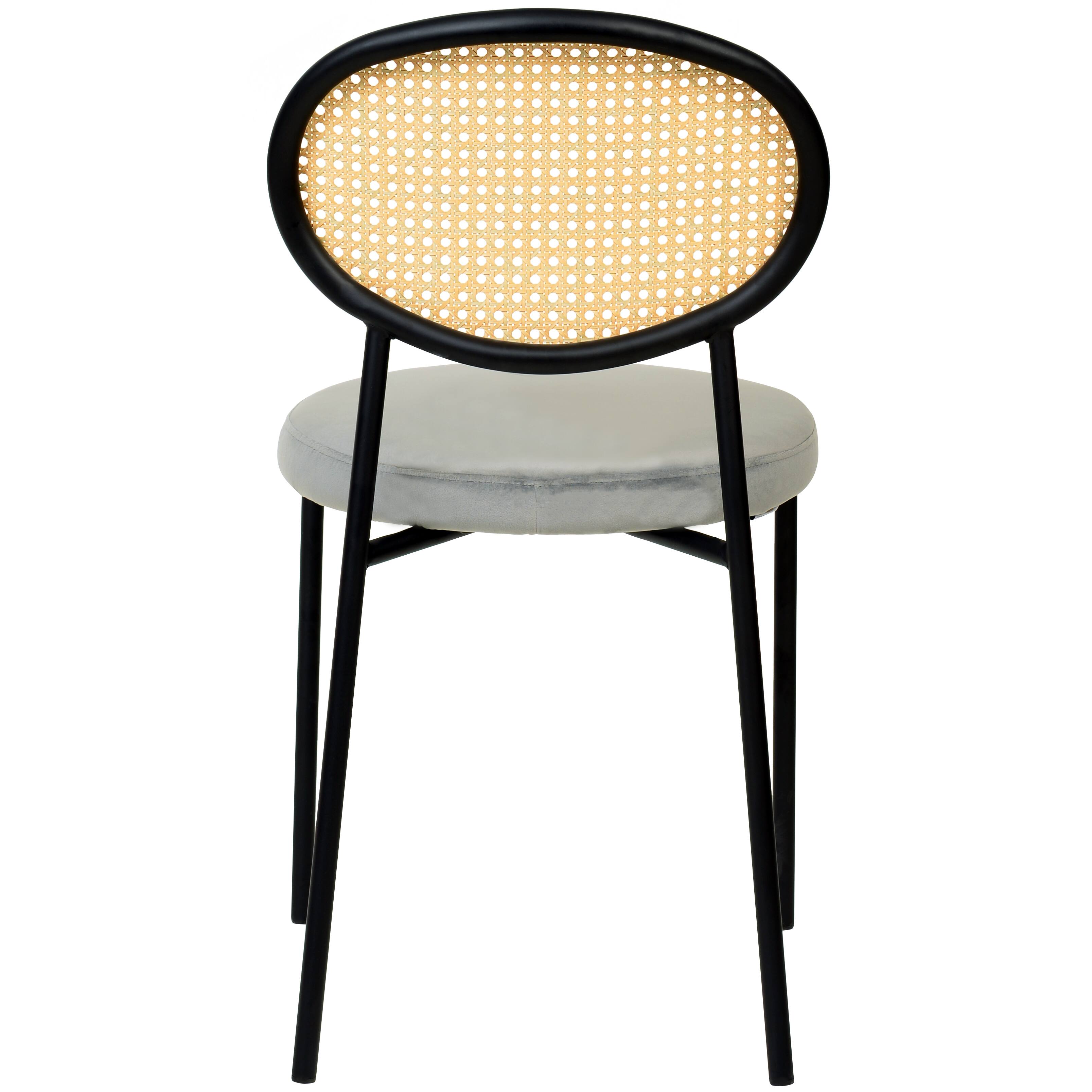 Alt View 4. LeisureMod - Euston 2-PCS Boho Wicker Back Dining Chair, Luxury Velvet Leather Kitchen Side Chair with Powder-Coated Steel - Grey.