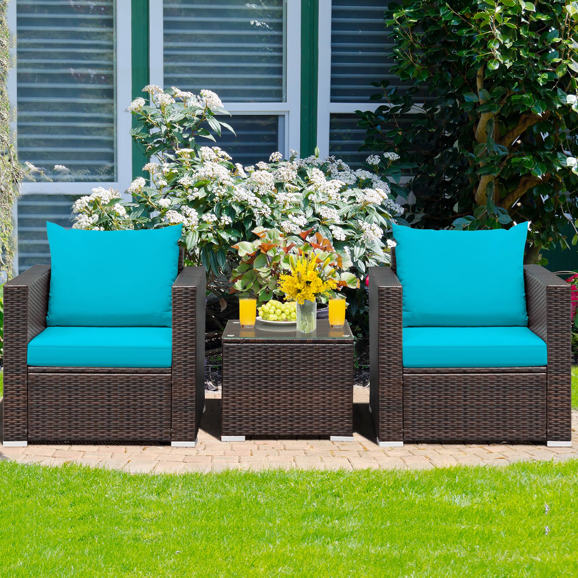 Alt View 2. Costway - Costway 3PCS Patio Rattan Furniture Set Conversation Sofa Cushioned - Turquoise.