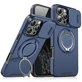 Dteck - Magnetic Ring Stand Case for iPhone 16 Pro Max with Slide Lens Protection Hard Back Cover - Blue