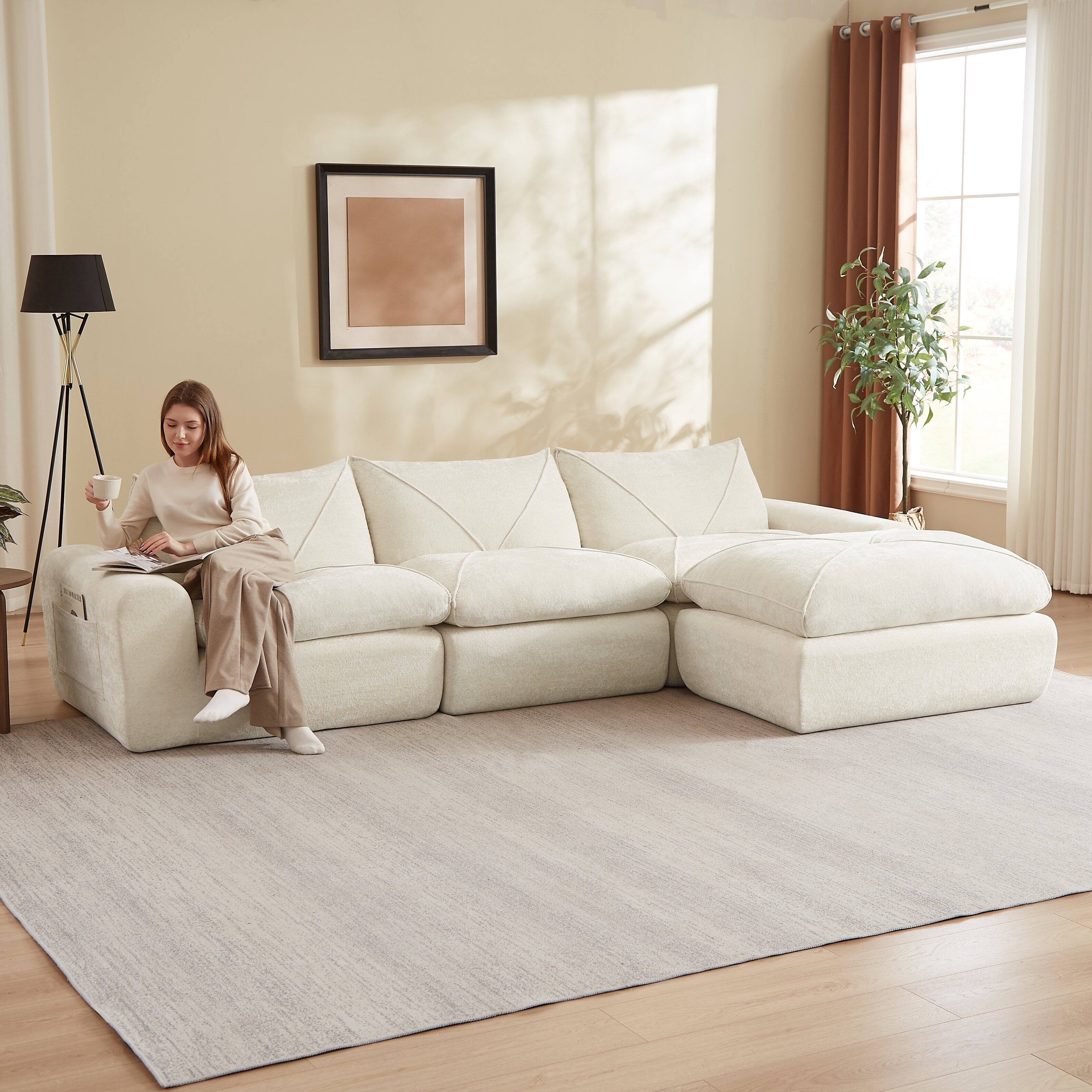 Back. Loheer - Loheer 119 Inch Chenille Sectional Sofa with Ottoman Modern Minimalist Living Room Couch for Family - Beige.