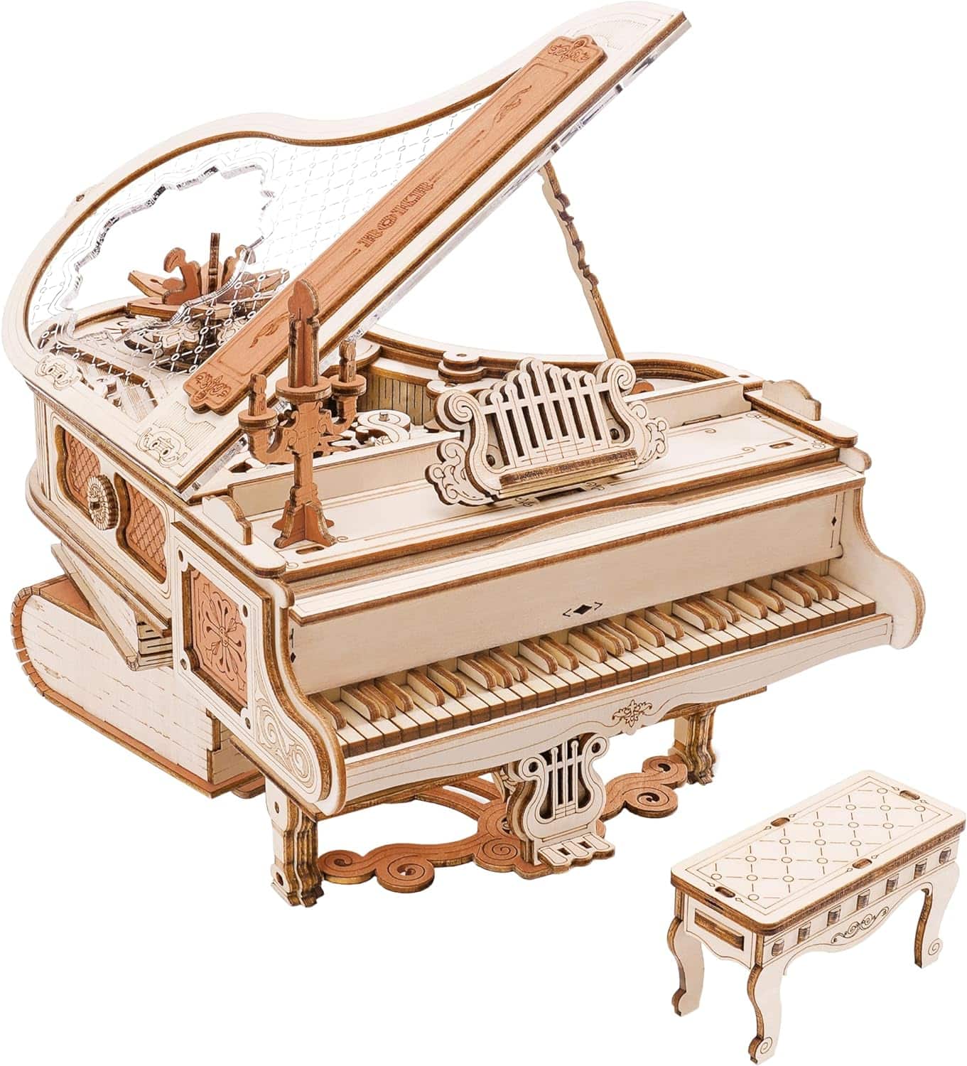 Robotime - ROKR 3D Wooden Puzzles for Adults 223pcs Piano Model Kit 1:20 Scale Building Puzzles Wooden Music Box - Brown