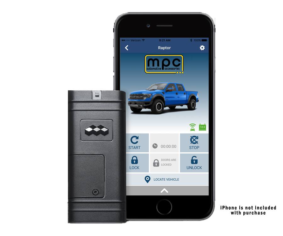 Sure, here is the corrected and grouped text from the image:

---

**Verizon**  
9:21 AM  
100%  

**Raptor**  
**mpc**  
automotive accessories  

**START**  
**LOCK**  
DOORS ARE LOCKED  
**UNLOCK**  
**LOCATE VEHICLE**  

**STOP**  
00:00:00  

iPhone is not included with purchase  

---