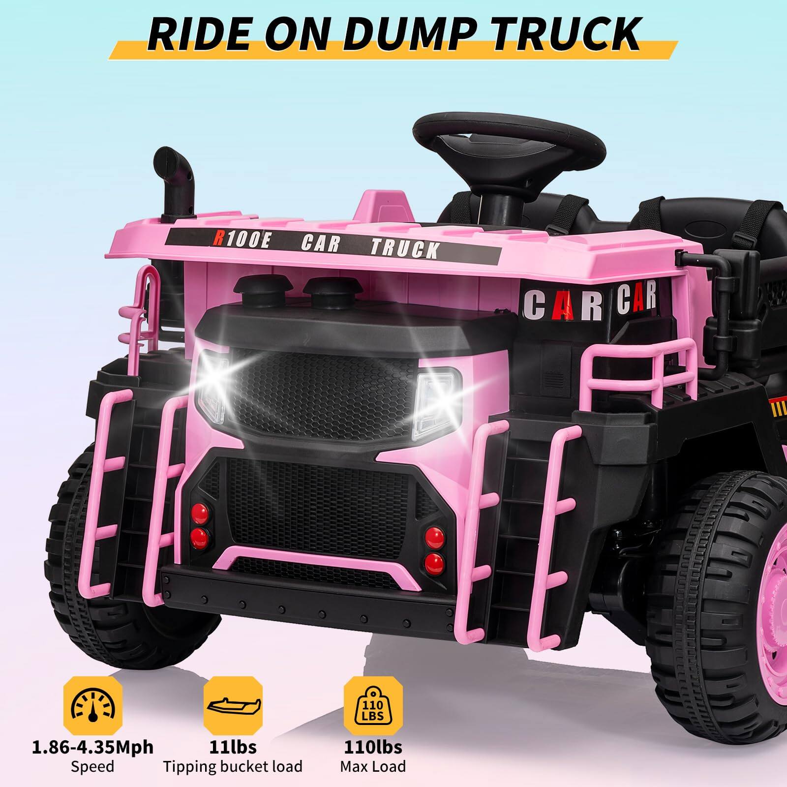 RIDE ON DUMP TRUCK

R100E CAR TRUCK

1.86-4.35Mph Speed

11lbs Tipping bucket load

110lbs Max Load
