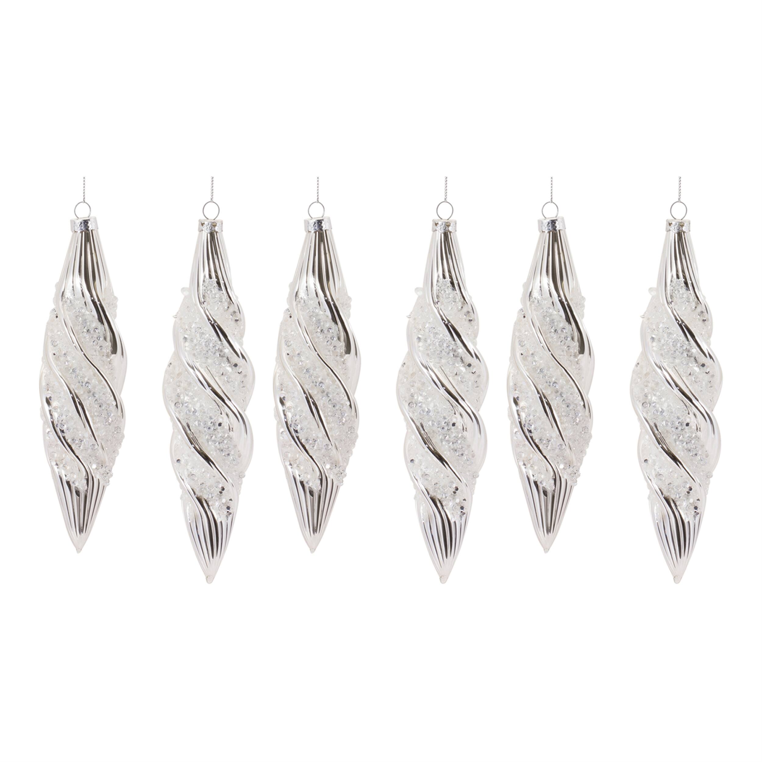 Alt View 2. BreeBe - Beaded Glass Swirl Ornament (Set of 6) - Silver, White.