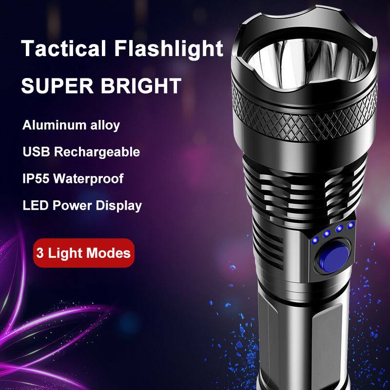 Tactical Flashlight  
SUPER BRIGHT  

- Aluminum alloy  
- USB Rechargeable  
- IP55 Waterproof  
- LED Power Display  
- 3 Light Modes