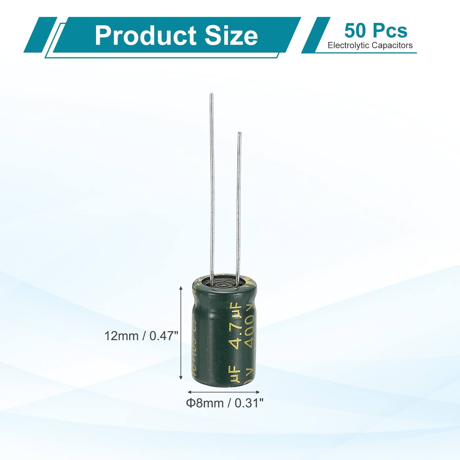 Product Size: 50 Pcs Electrolytic Capacitors  
- d: 8mm / 0.31"  
- 4.7mF 400V  
- 12mm / 0.47"