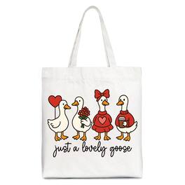 OrnamentallyYou - Just a Lovely Goose Valentine Canvas Tote Bag, Coquette Cute Love Printed Gift Bag - White