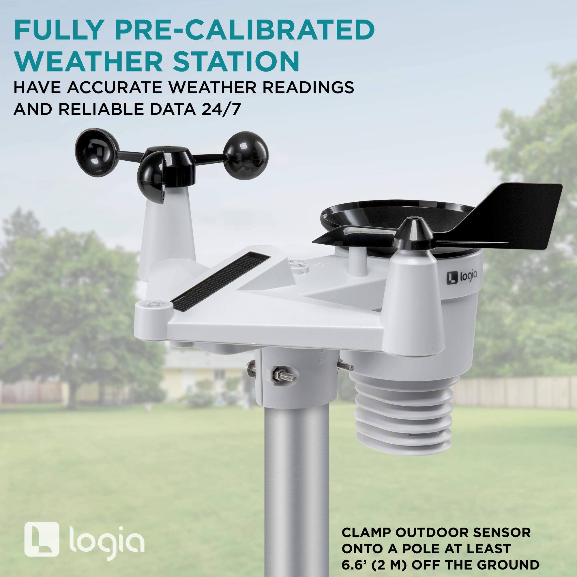 FULLY PRE-CALIBRATED WEATHER STATION HAVE ACCURATE WEATHER READINGS AND RELIABLE DATA 24/7

logia

CLAMP OUTDOOR SENSOR ONTO A POLE AT LEAST 6.6' (2 M) OFF THE GROUND