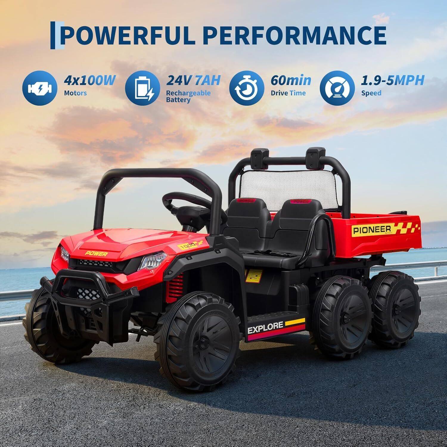 POWERFUL PERFORMANCE

- 4x100W Motors
- 24V 7AH Rechargeable Battery
- 60min Drive Time
- 1.9-5MPH Speed

POWER 1030 PIONEER H EXPLORE