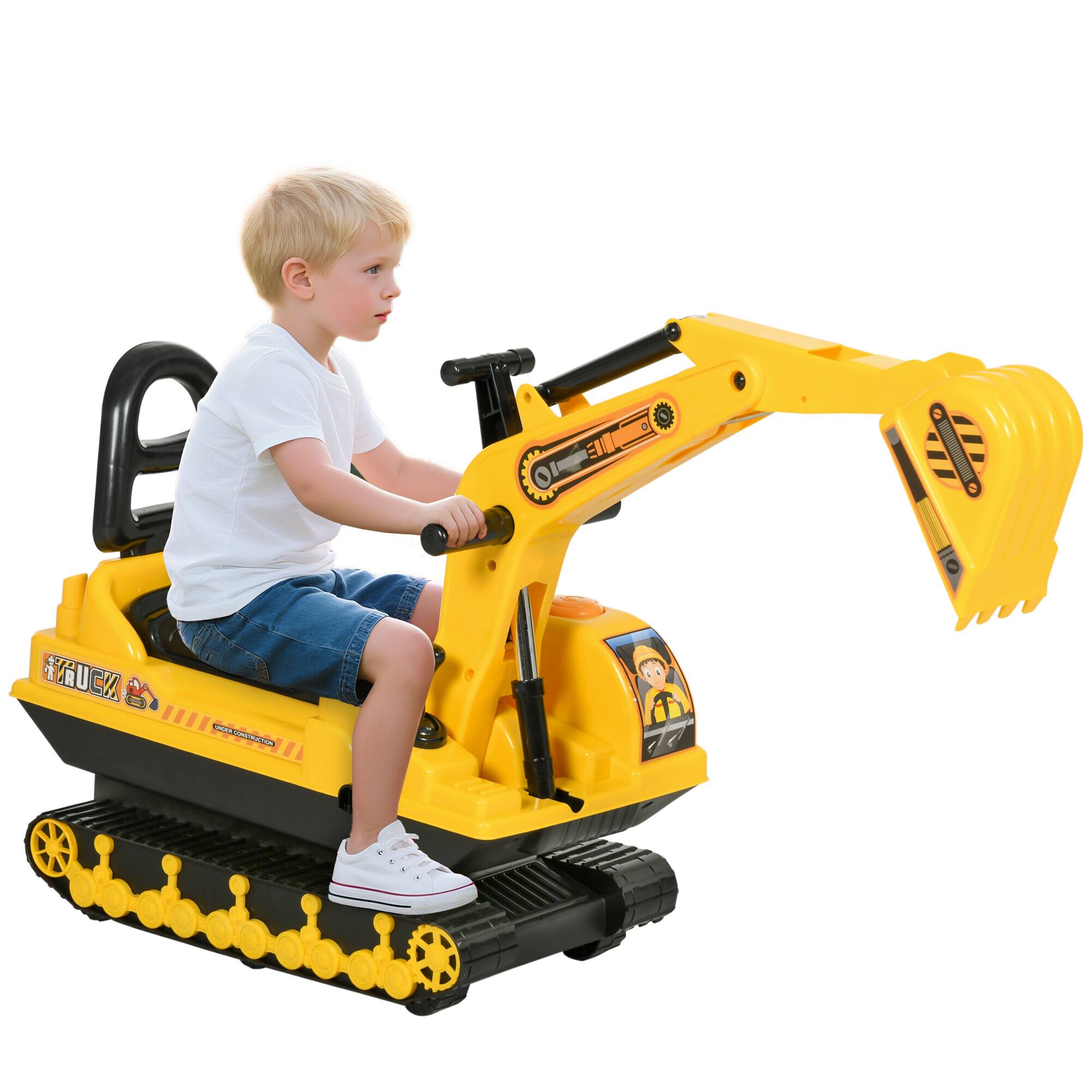 Qaba - ide On Excavator, Tractors Digger, Movable Scooter Walker, Pretend Play, Basket Storage