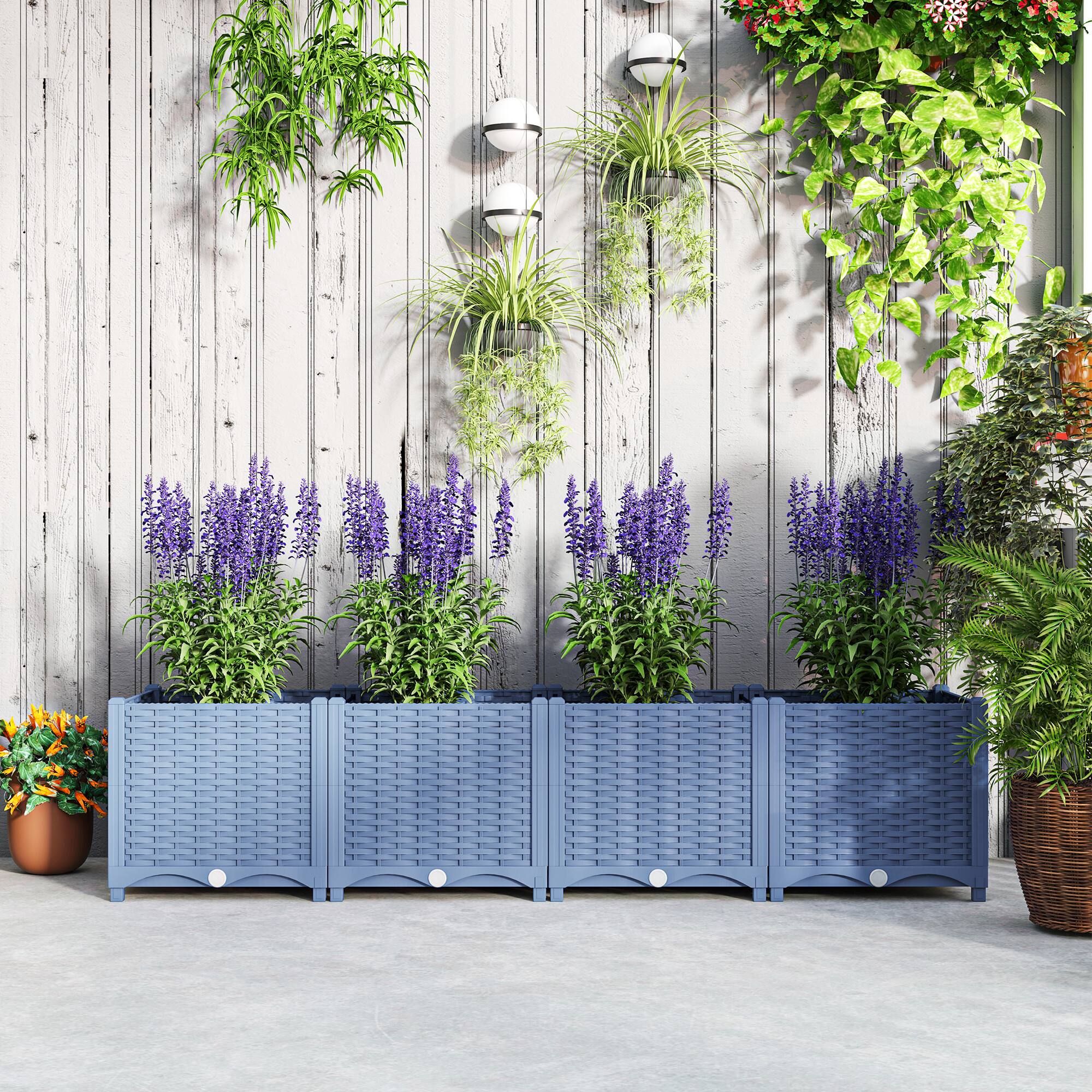 Alt View 7. Outsunny - 5 x 1 x 1 ft Raised Garden Bed, Indoor Outdoor Plastic Planter Box with Drainage Holes, Drain Plugs and Water Reservoirs - Blue.