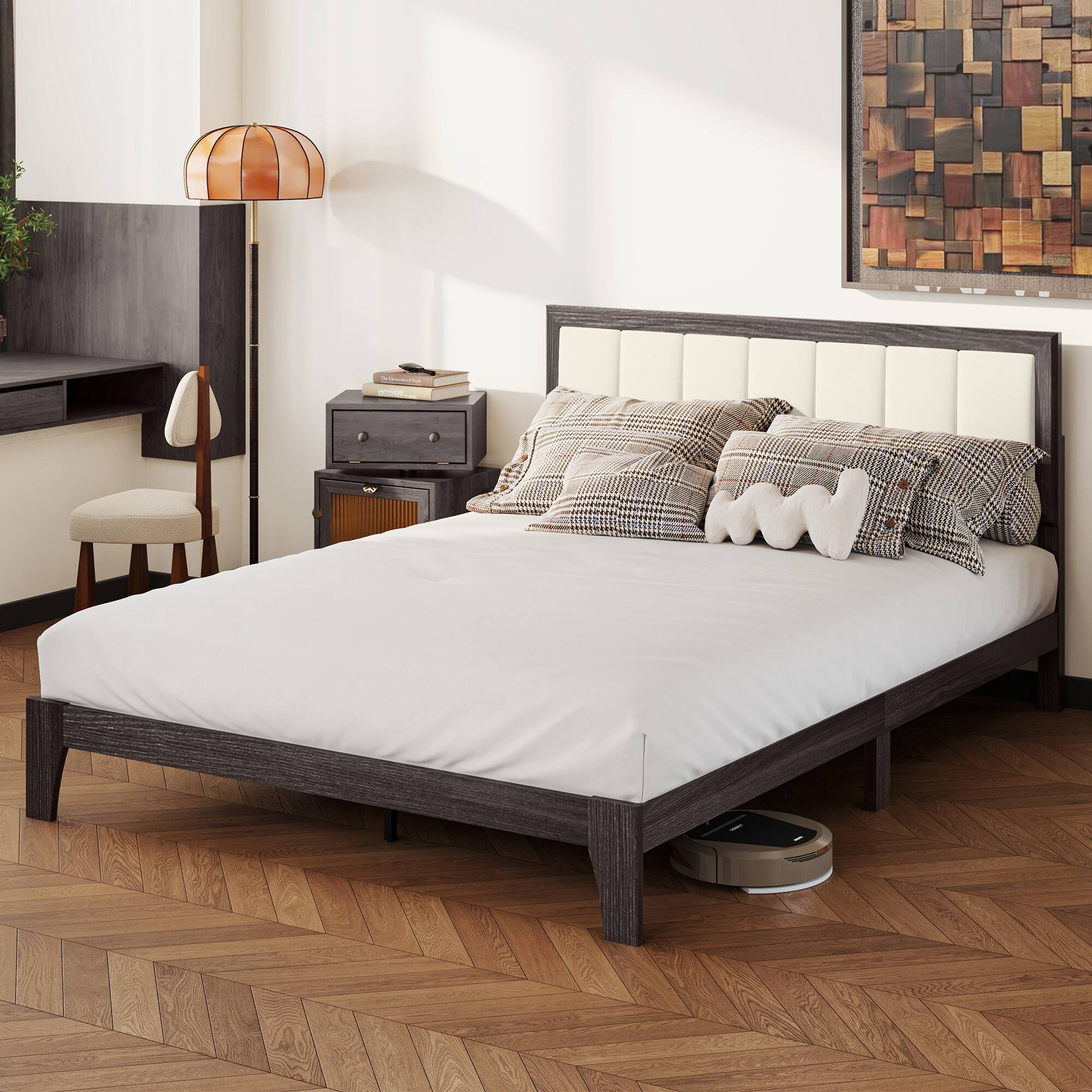Alt View 1. Homcom - Queen Upholstered Platform Bed Frame: Wood Slats No Box Spring Fast Setup - Charcoal Gray.