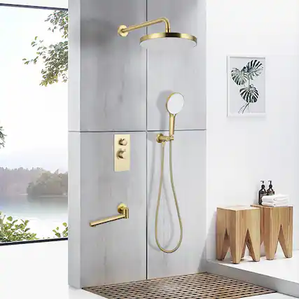 Front. Akoasm - 3-Function Shower System with 10" Rain Shower & Handheld, Solid Brass Valve, 304 Stainless, Bath/Shower Combo-Gold - Brushed Gold.