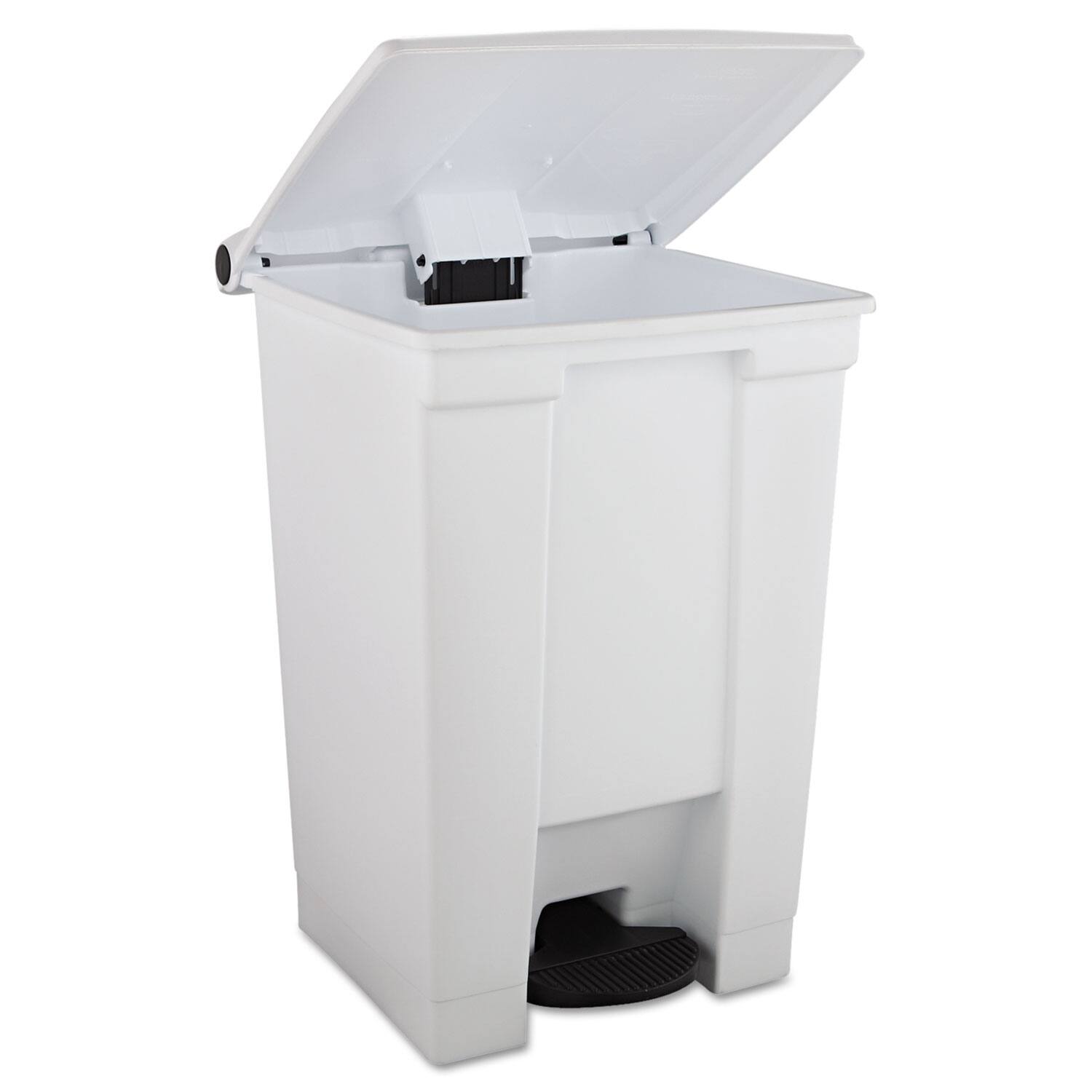 Angle. RubberMaid - Indoor Utility Step-On Waste Container, 12 gal, Plastic, White.