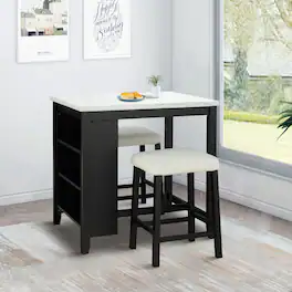 Parrot Uncle - Modern 3-Piece Dining Set with USB Charging – 1 Table and 2 Upholstered Stools for Kitchen, Apartment, or Breakfast Nook - Black,White