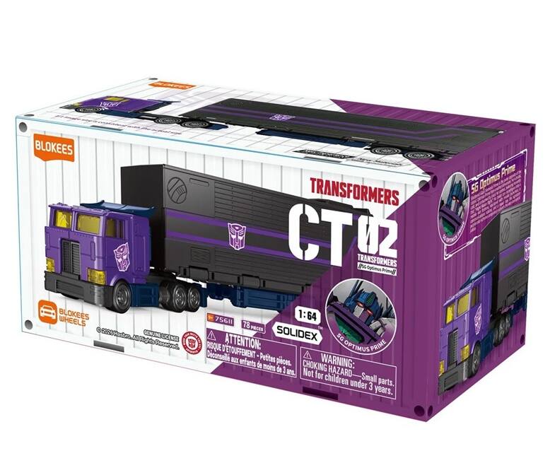 FRUF!  
BLOKEES BLOKEES WHEELS 2026  
GENUINE LICENSE Rights Reserved.  
TRANSFORMERS TRANSFORMERS INC Optimus Prime 75611 1:64 78 PIECES SOLIDEX SG  
RISQUE ATTENTION: OPTIMUS PRIME Dconseill D'TOUFFEMENT Petites aux enfants pices.  
WARNING: de moins de CHOKING 3 ans. Not HAZARD for children Small under 3 parts. years.  
Prime SG Optimus